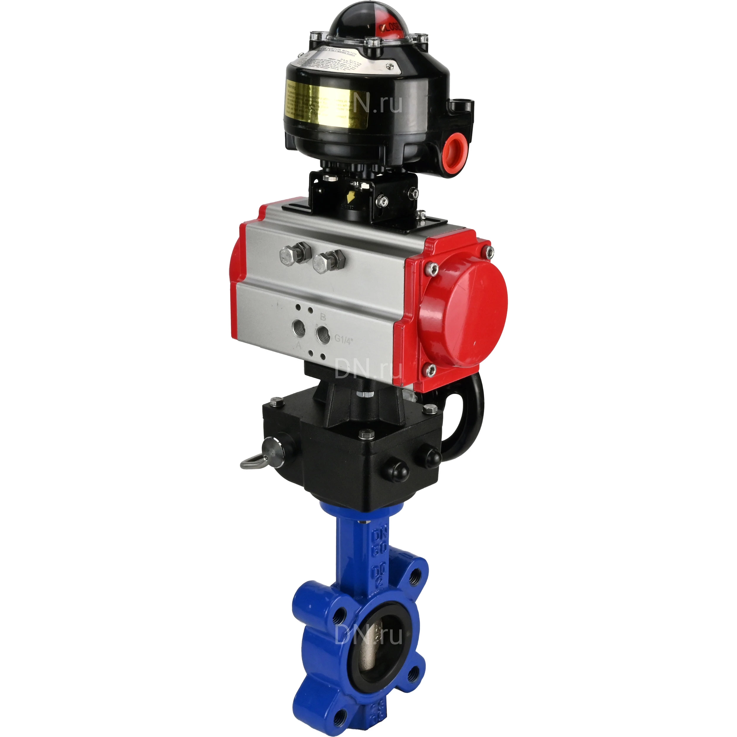 Изображение товара Затвор дисковый поворотный DN.ru Ду65 с пневмоприводом и блоком концевых выключателей