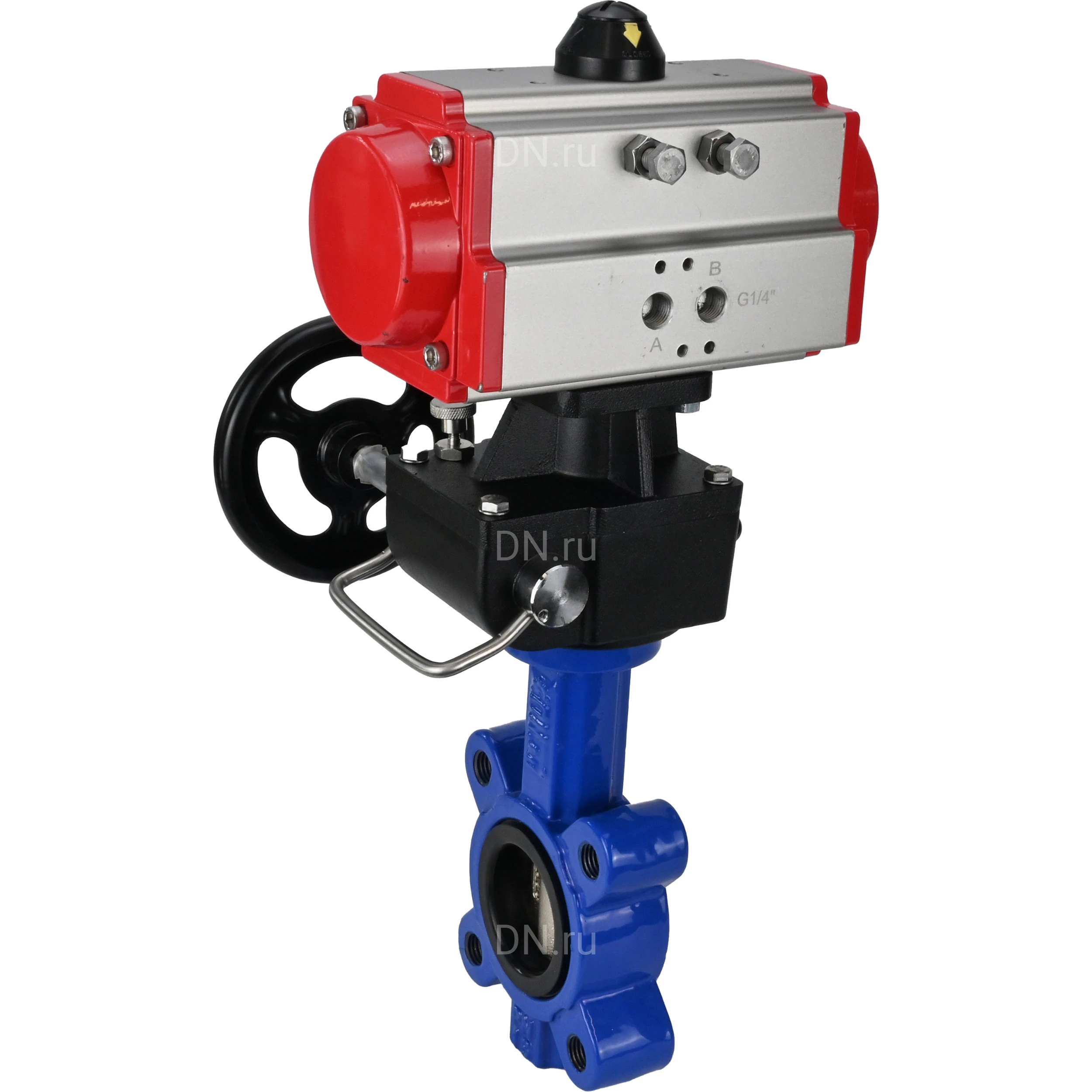 Изображение товара Затвор дисковый поворотный DN.ru Ду100 Ру16 LUG с пневмоприводом и редуктором