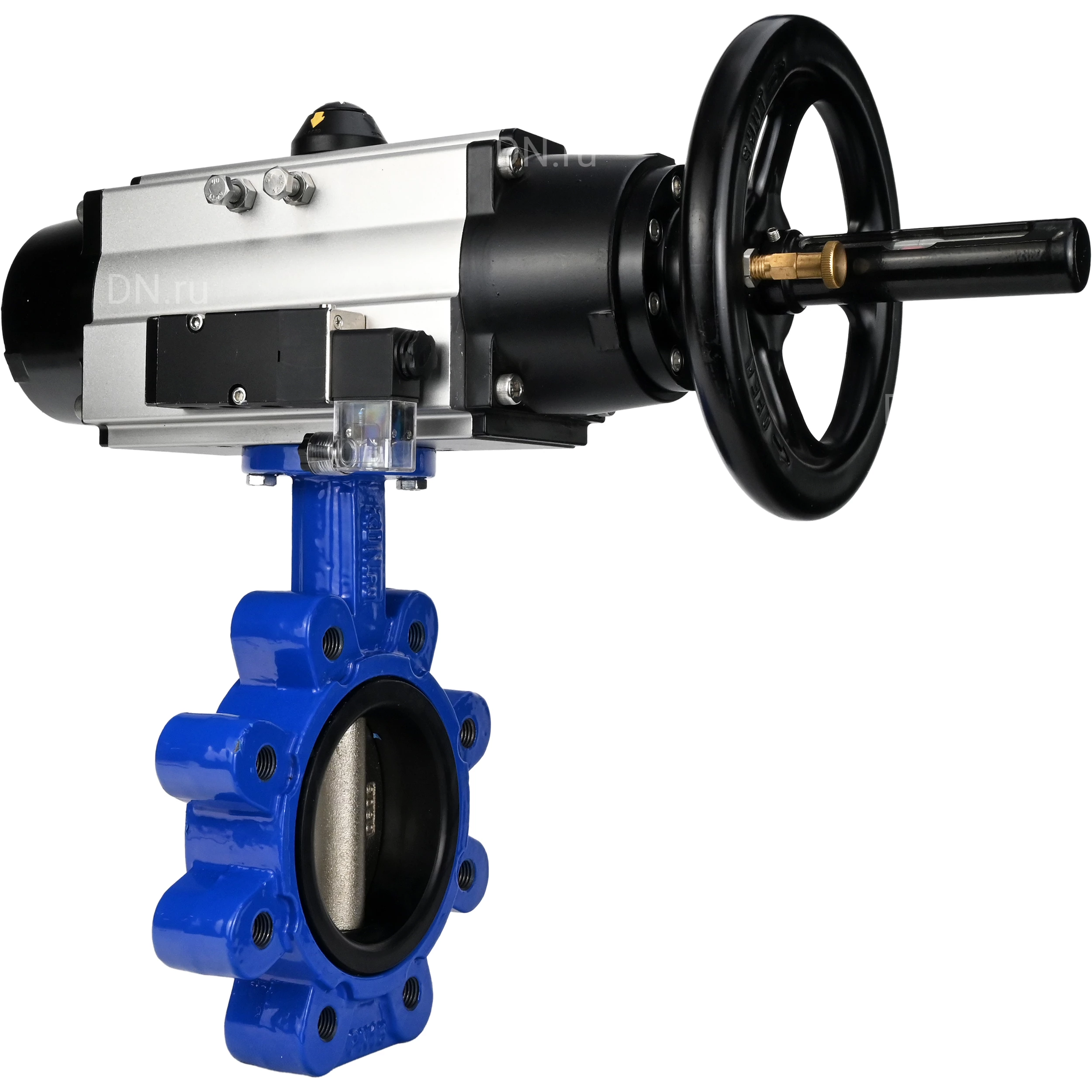 Изображение товара Затвор дисковый поворотный DN.ru WBV1616E-2W-Fb-H Ду150 Ру16 с пневмоприводом и межфланцевым соедин