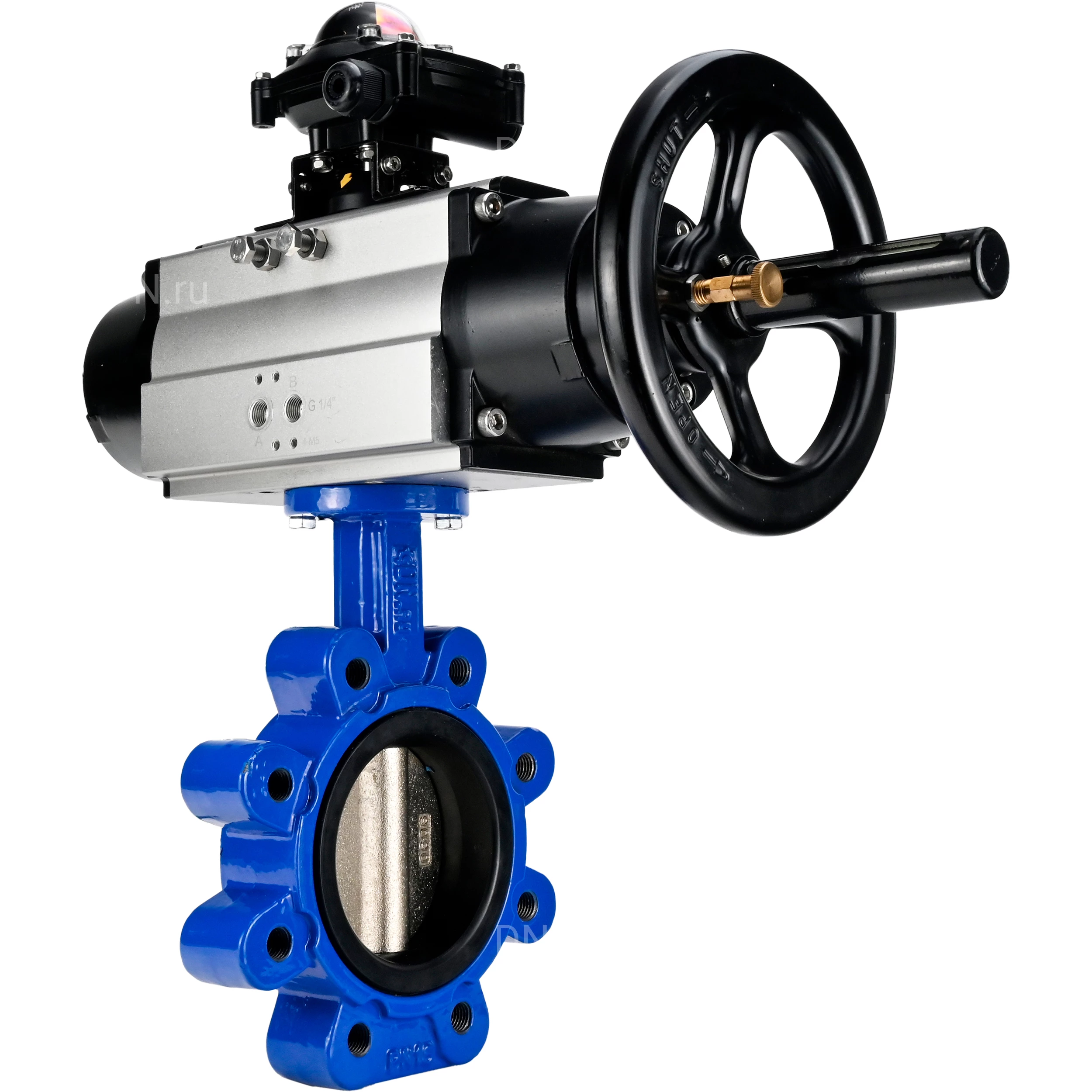 Затворы дисковые поворотные DN.ru WBV1616N-2W-Fb-H Ду125-150 Ру16 LUG корпус - чугун QT450, диск - чугун QT450, уплотнение - NBR, межфланцевые, с пневмоприводом PA-DA-105-1 и БКВ APL-210N