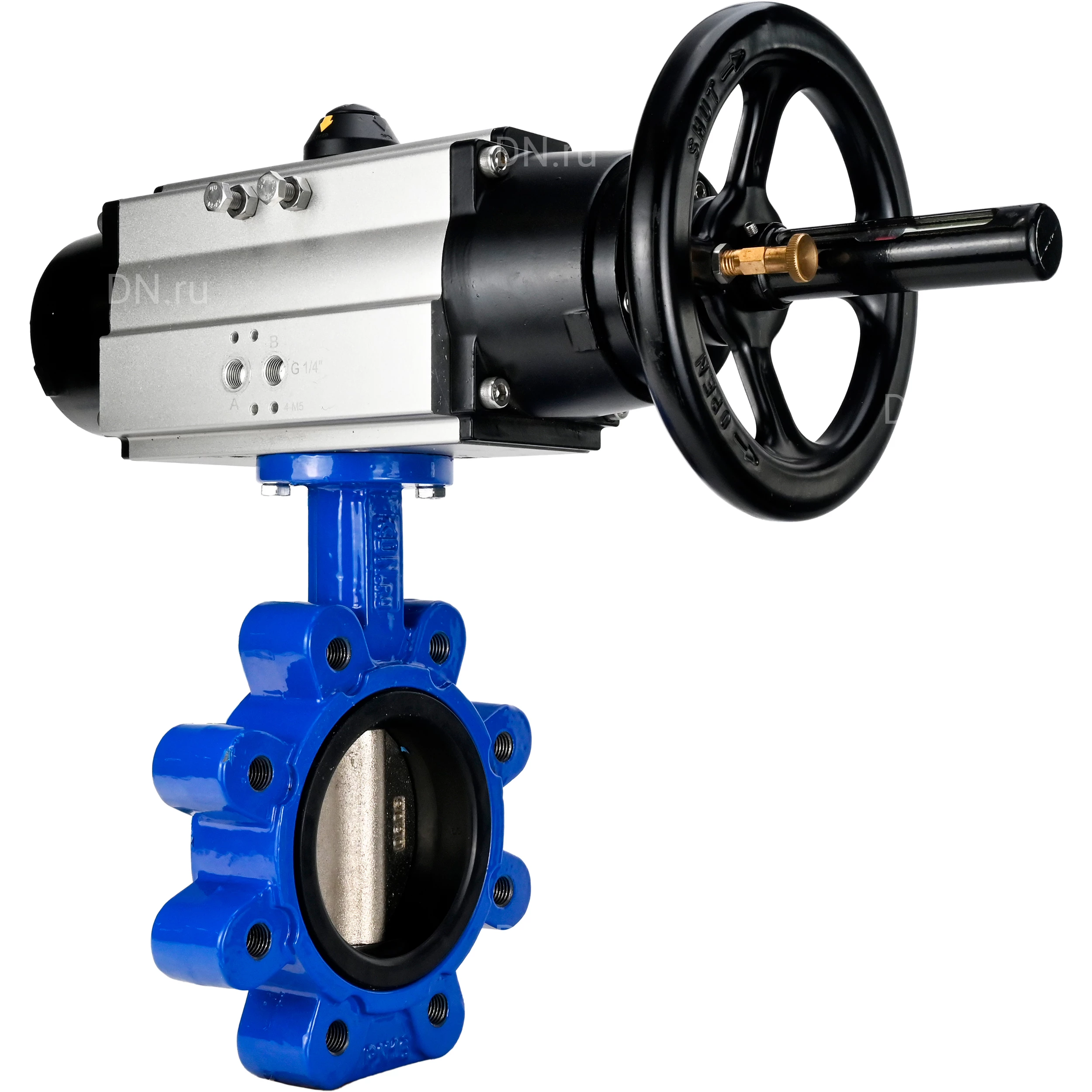 Изображение товара Затвор дисковый поворотный DN.ru WBV1616N-2W-Fb-H Ду125 Ру16 LUG корпус - чугун QT450, диск - чугун QT450, уплотнение - NBR, с пневмоприводом DN.ru PA-DA-105-1