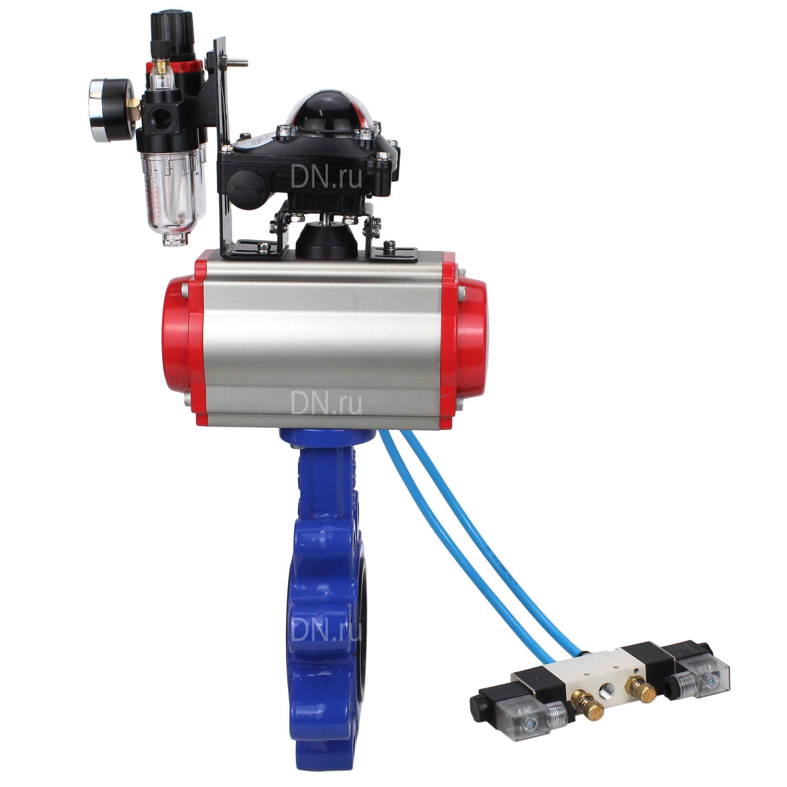 Изображение товара Затвор дисковый поворотный DN.ru WBV1616E-2W-Fb-H Ду65 с пневмоприводом и межфланцевым соединением