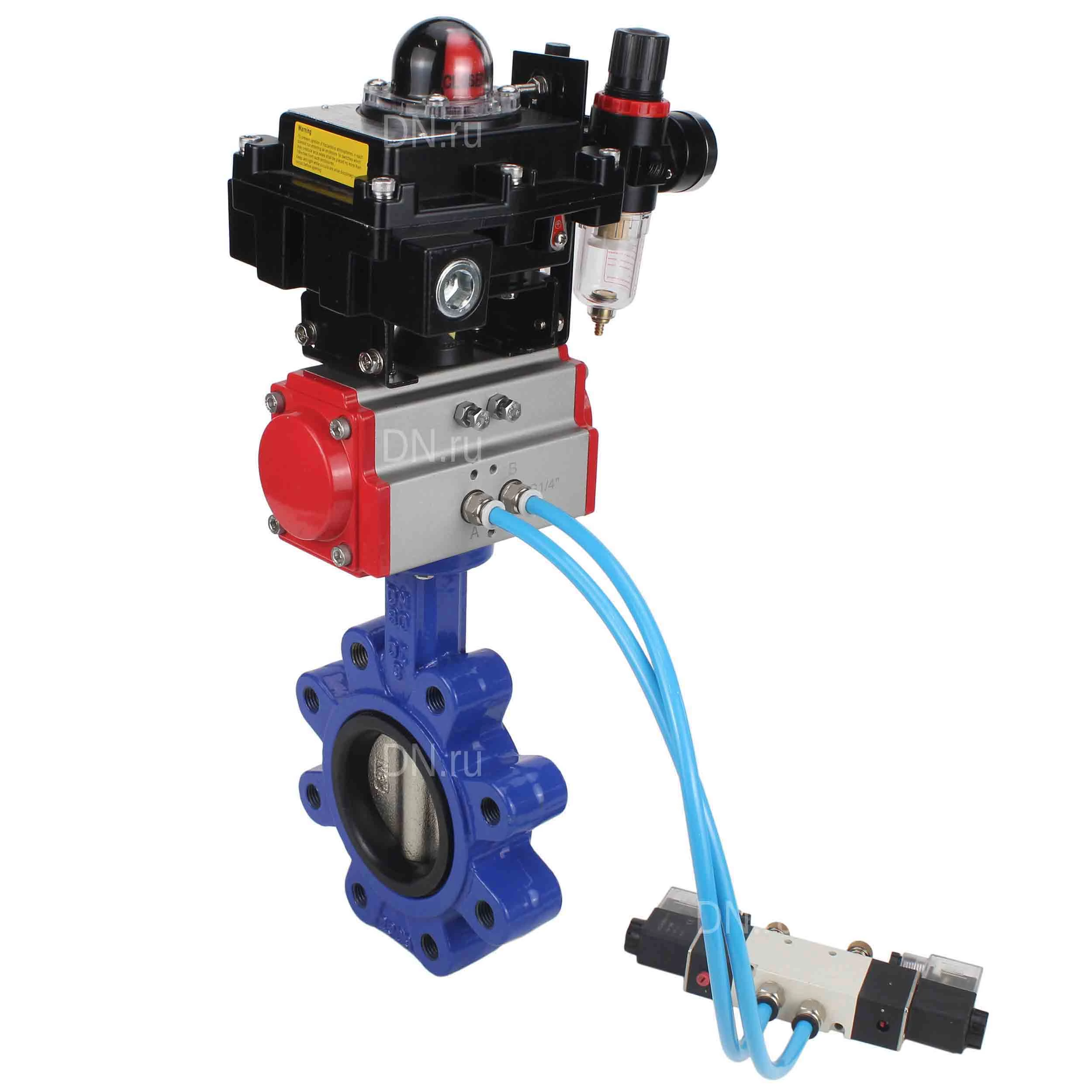 Изображение товара Затвор дисковый поворотный DN.ru WBV1616E-2W-Fb-H Ду150 с пневмоприводом и автоматическими блоками 