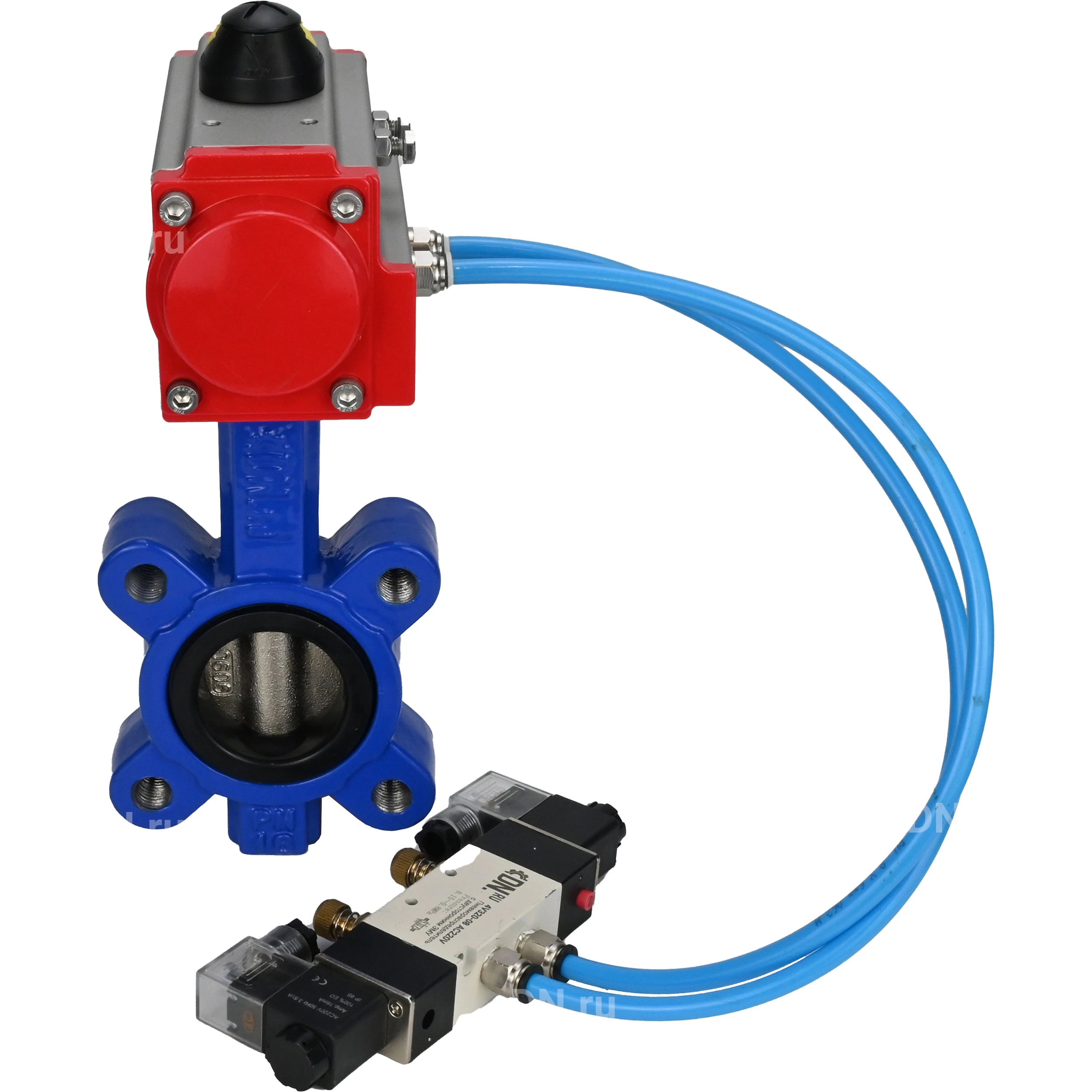 Изображение товара Затвор дисковый поворотный DN.ru WBV1616N-2W-Fb-H Ду50 с пневмоприводом и межфланцевым соединением