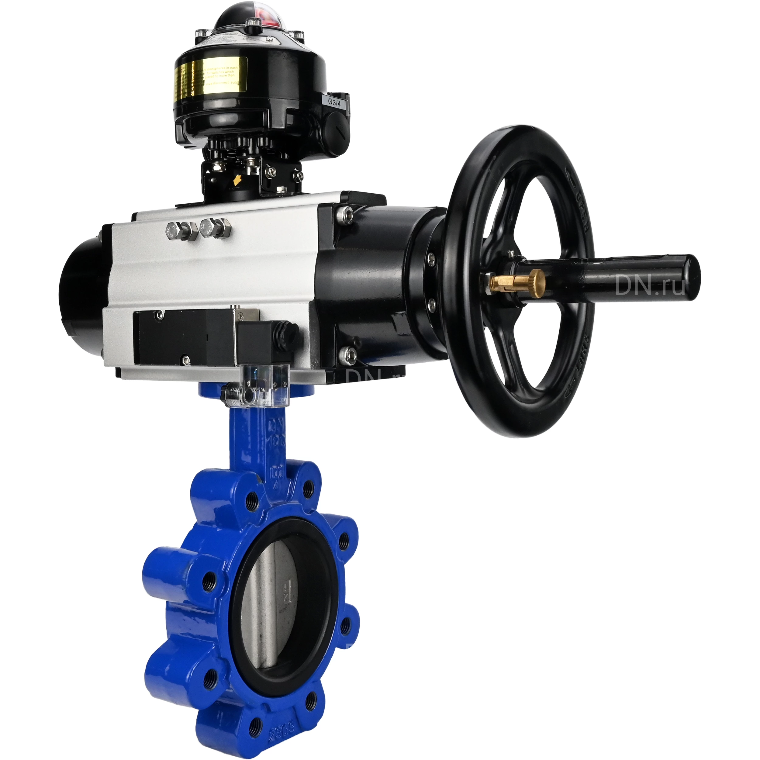 Изображение товара Затвор дисковый поворотный DN.ru WBV1631N-2W-Fb-H Ду125 с пневмоприводом и блоком выключателей