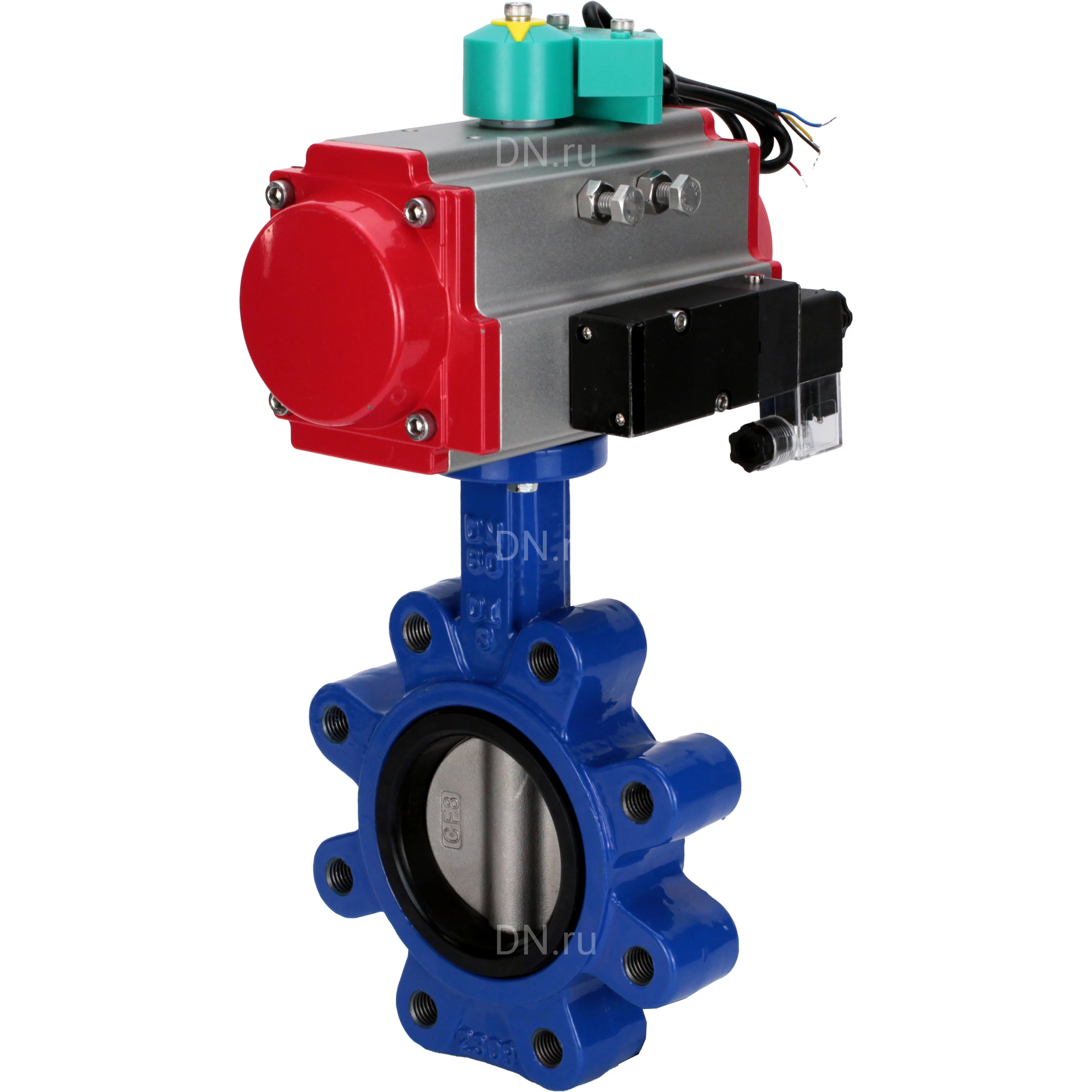 Изображение товара Затвор дисковый поворотный DN.ru WBV1631E-2W-Fb-H Ду50 Ру16 с пневмоприводом и резьбовыми проушинам
