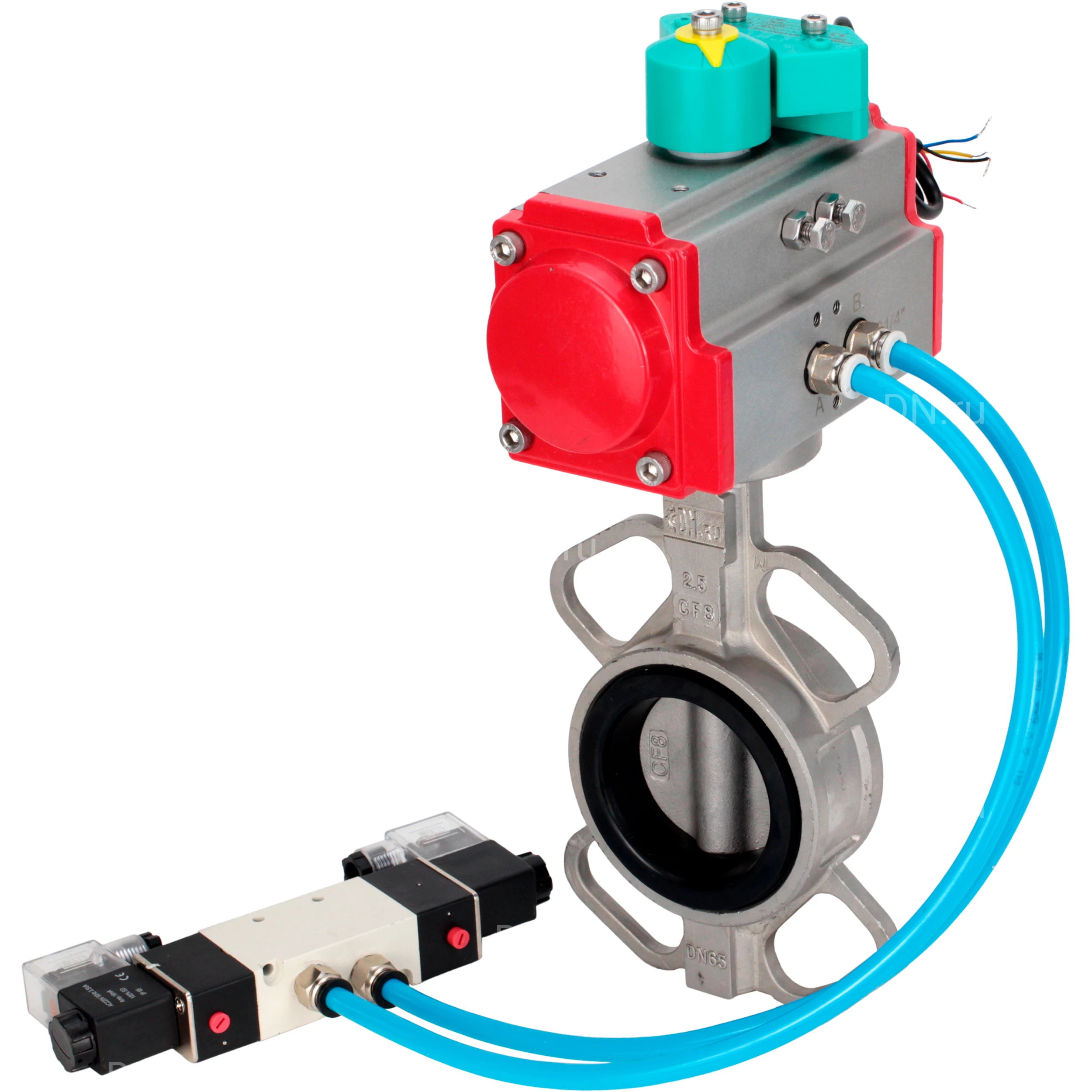 Затворы дисковые поворотные DN.ru WBV3131V-2W-Fb-H Ду50-80 Ру16 межфланцевые, корпус - нержавеющая сталь 304, диск - нержавеющая сталь 304, уплотнение - VITON, с пневмоприводом PA-SA, пневмораспределителем 4V320-10 220В и магнитным переключателем ALS200D