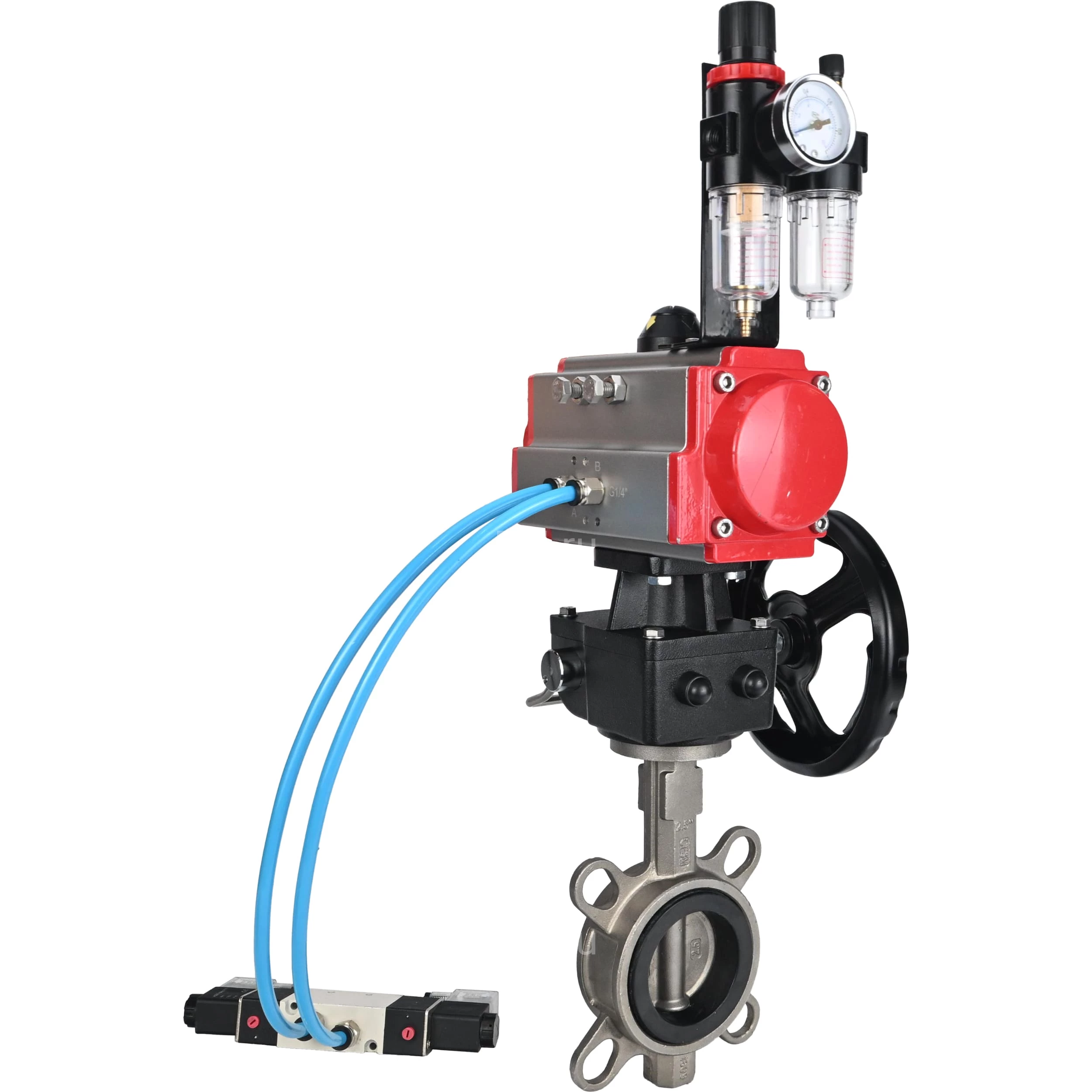 Изображение товара Затвор дисковый поворотный DN.ru WBV3131E-2W-Fb-H Ду65 с пневмоприводом корпу сталь