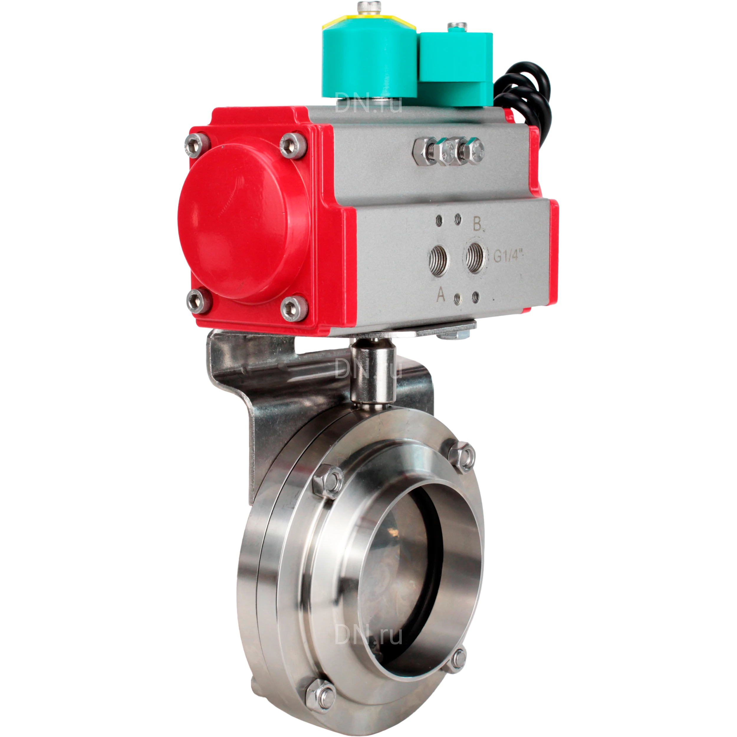 Затворы дисковые поворотные DN.ru WBV3131E-2W-T-H Ду15-100 Ру10 резьбовые, пищевая нержавеющая сталь 304, уплотнение - EPDM, с пневмоприводом PA-DA-XXX и магнитным переключателем ALS200D