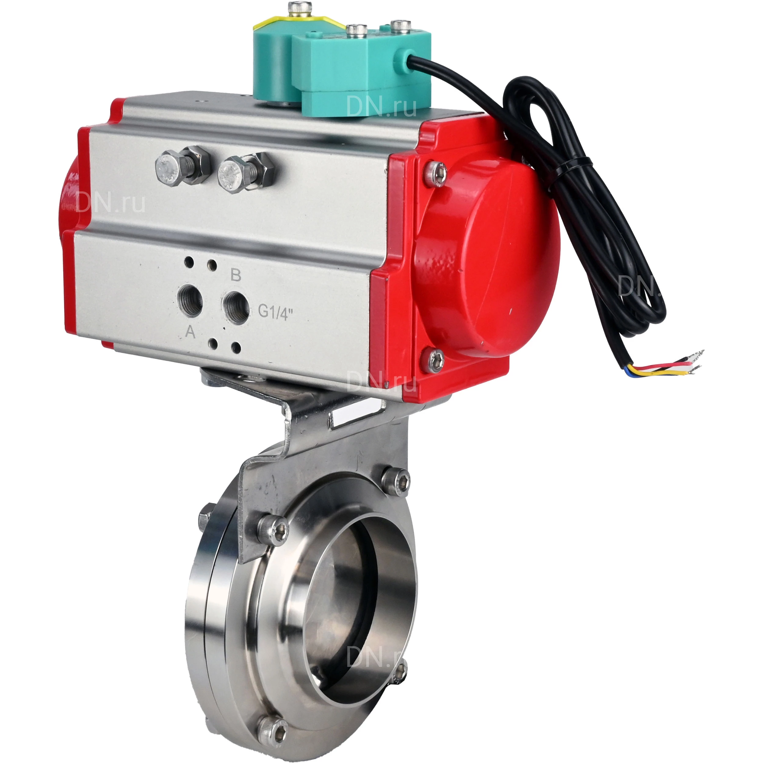 Изображение товара Затвор дисковый поворотный DN.ru WBV3131E-2W-W-H Ду32 Ру10 под приварку, пищевая нержавеющая сталь 304, уплотнение - EPDM, с пневмоприводом PA-DA-052 и магнитным переключателем ALS200D