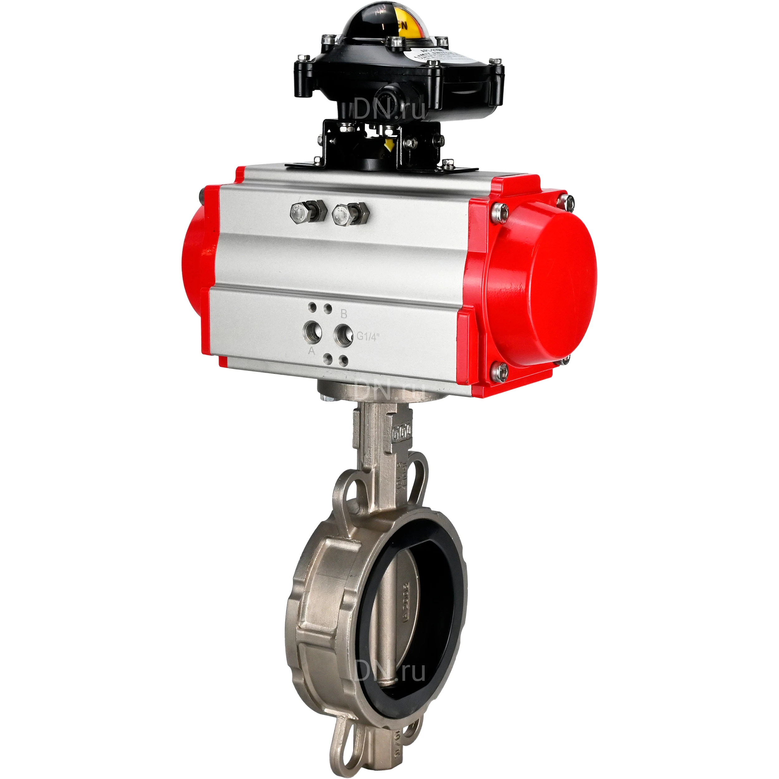 Затворы дисковые поворотные DN.ru WBV3131V-2W-Fb Ду50-150 Ру16, нержавеющая сталь 304, уплотнение - VITON, с пневмоприводом DN.ru PA-SA-XXX и БКВ DN.ru APL-210N
