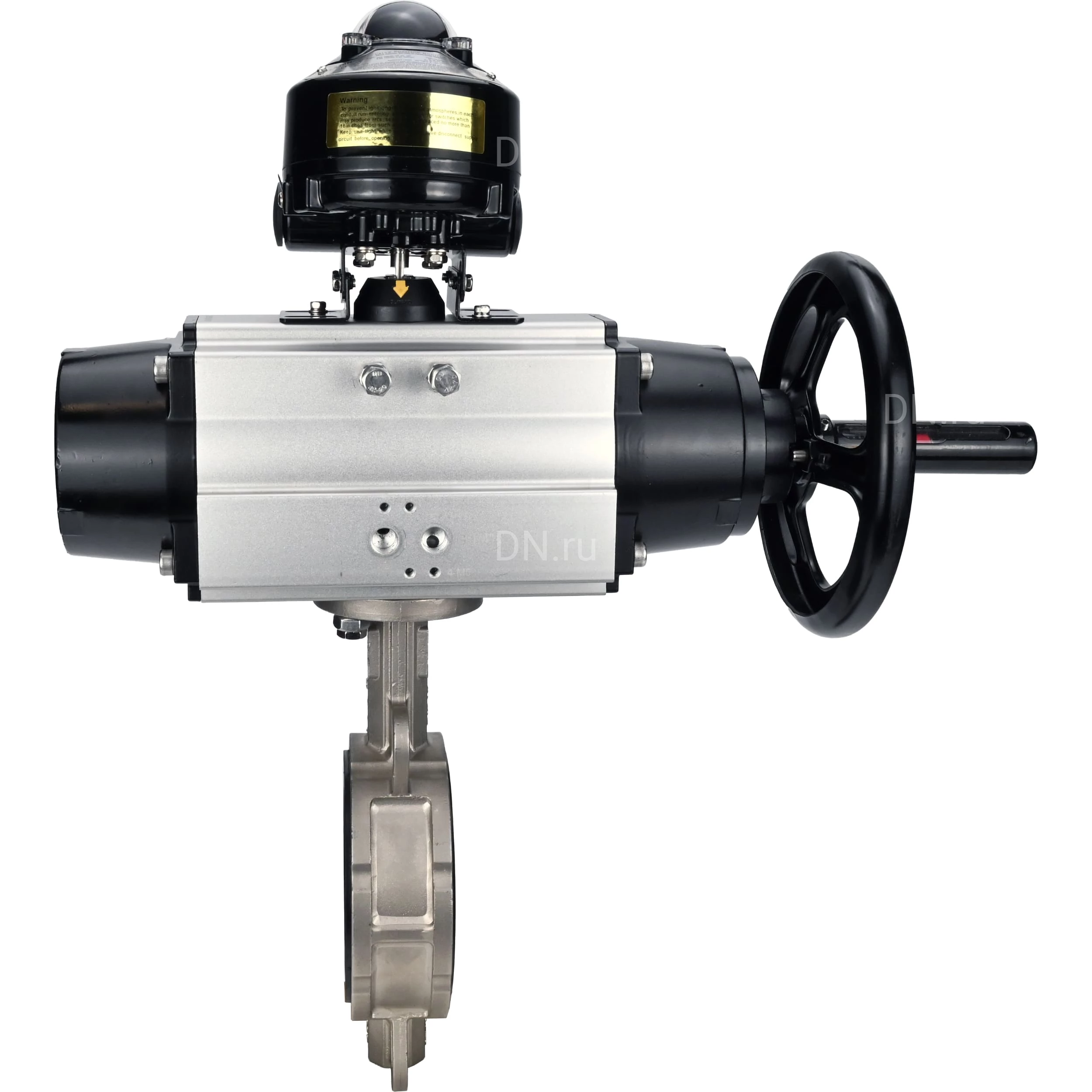 Изображение товара Затвор дисковый поворотный DN.ru WBV3232E-2W-Fb-H Ду150 Ру16, корпус - нержавеющая сталь 316L, диск - нержавеющая сталь 316L, уплотнение - EPDM, с пневмоприводом PA-DA-105-1 двойного действия, с БКВ APL-510N EX