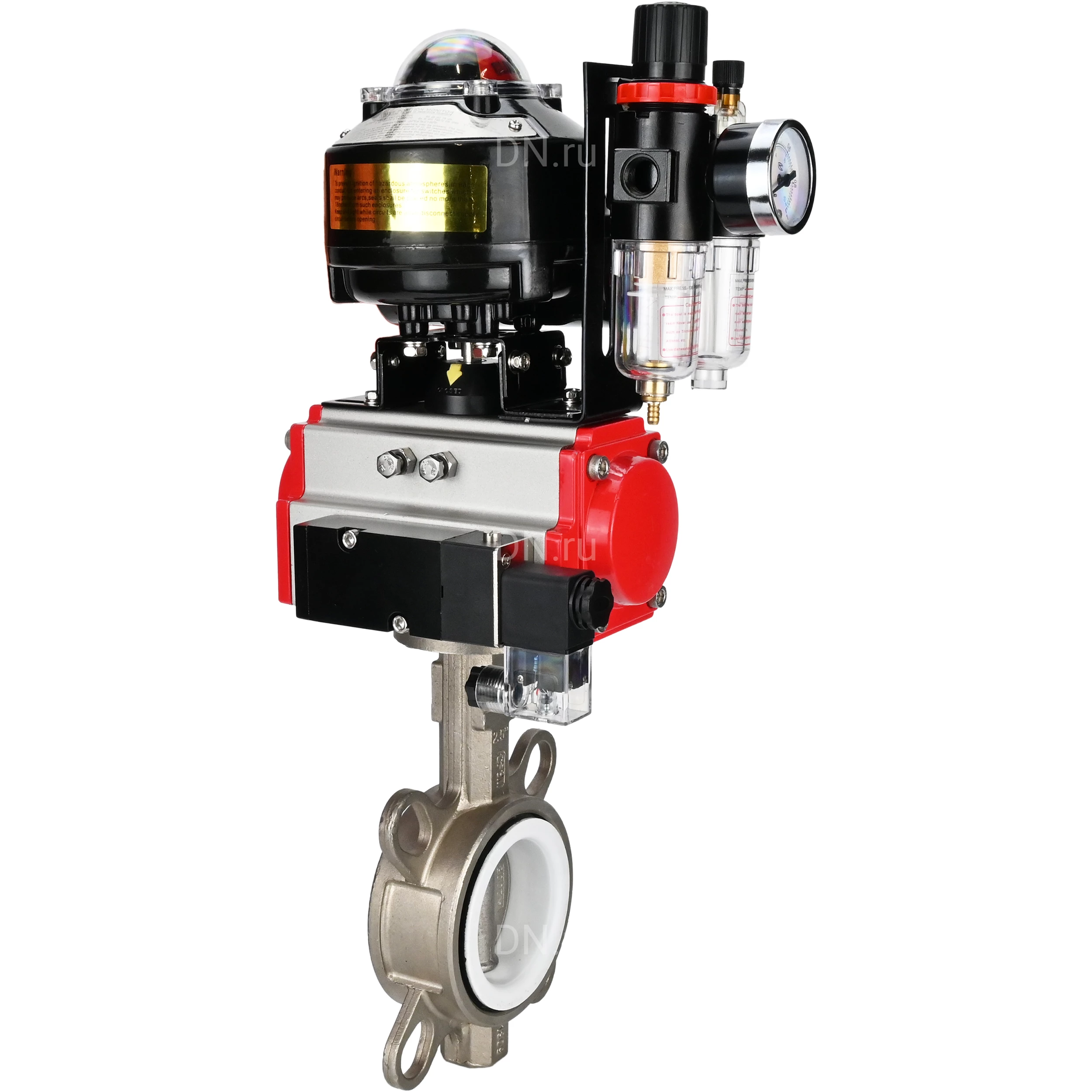 Изображение товара Затвор дисковый поворотный DN.ru WBV3232P-2W-Fb-H Ду80 Ру16 нержавеющая сталь с пневмоприводом