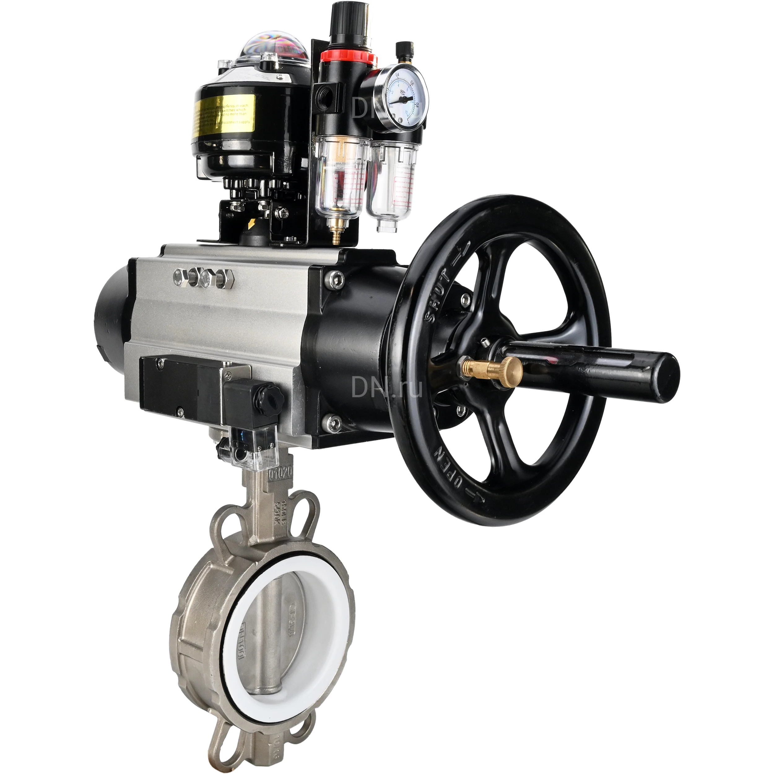 Изображение товара Затвор дисковый поворотный DN.ru WBV3232P-2W-Fb-H Ду125 с пневмоприводом