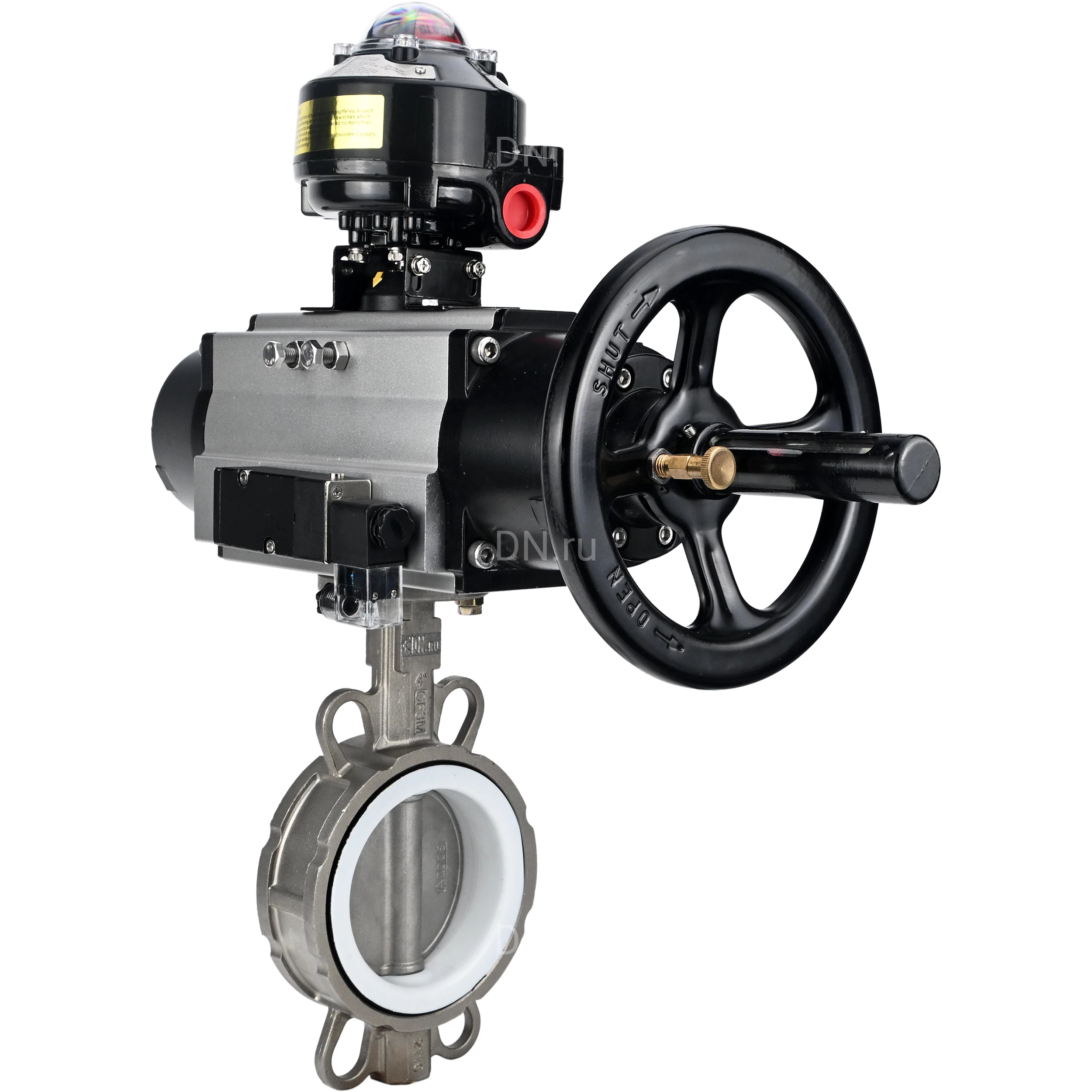 Изображение товара Затвор дисковый поворотный DN.ru WBV3232P-2W-Fb-H Ду125 Ру16, корпус - нержавеющая сталь 316L, диск - нержавеющая сталь 316L, уплотнение - PTFE, с пневмоприводом PA-DA-105-1 двойного действия, пневмораспределителем 4M310-08 AC220V, БКВ APL-510N EX