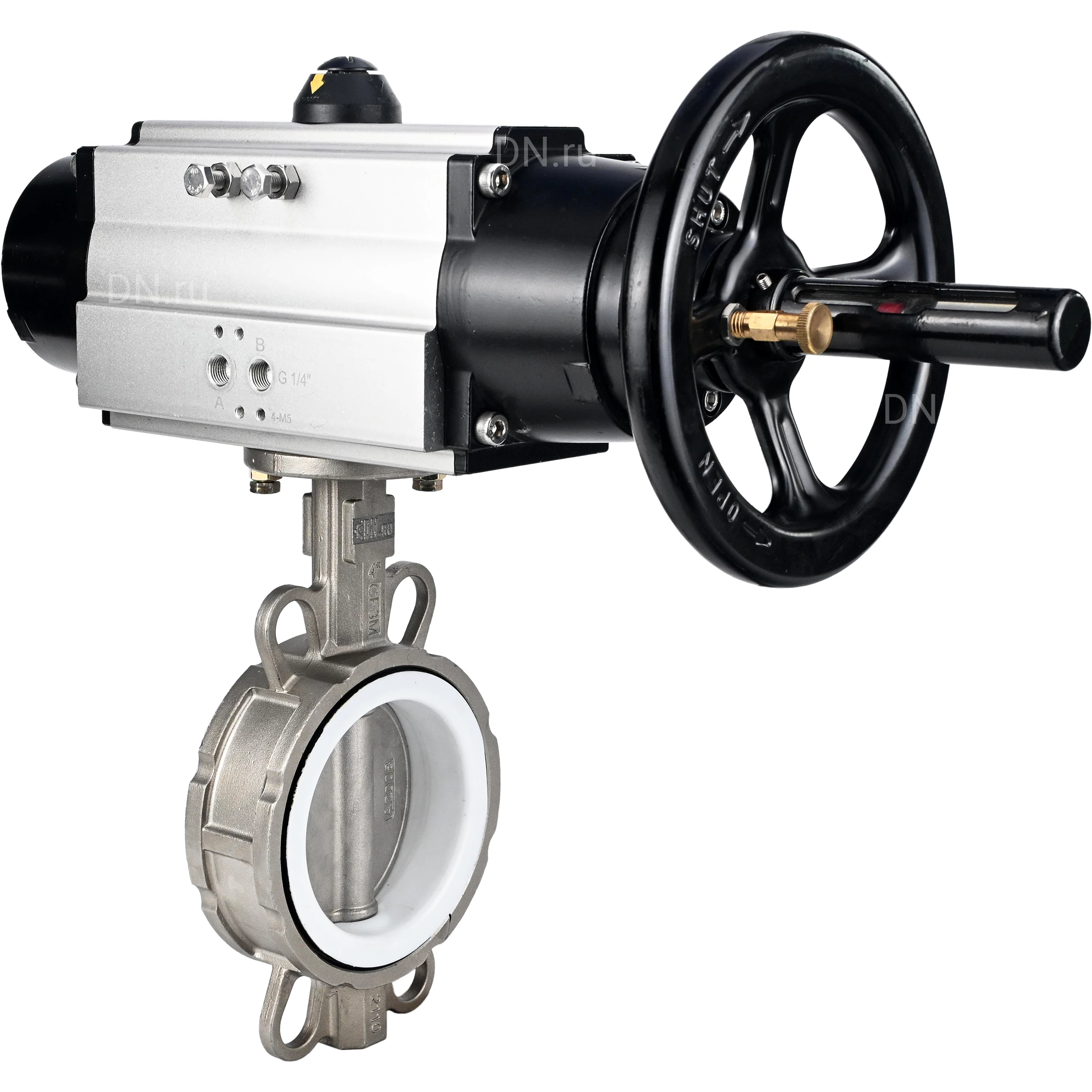 Изображение товара Затвор дисковый поворотный DN.ru WBV3232P-2W-Fb-H Ду125 межфланцевый с пневмоприводом