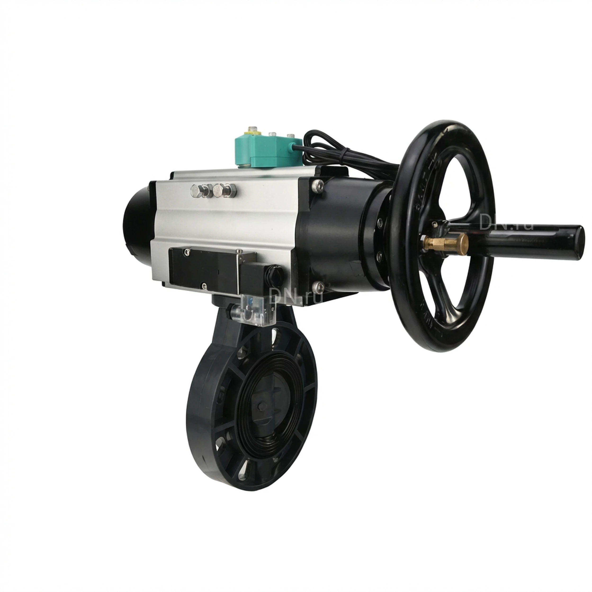 Изображение товара Затвор дисковый поворотный DN.ru WBV4242E-2W-Fb-ISO Дн125 Ру10 межфланцевый, корпус - НПВХ, диск - НПВХ, уплотнение - EPDM, с пневмоприводом PA-DA-105-1, пневмораспределителем 4M310-08 DC24V и магнитным переключателем ALS200D