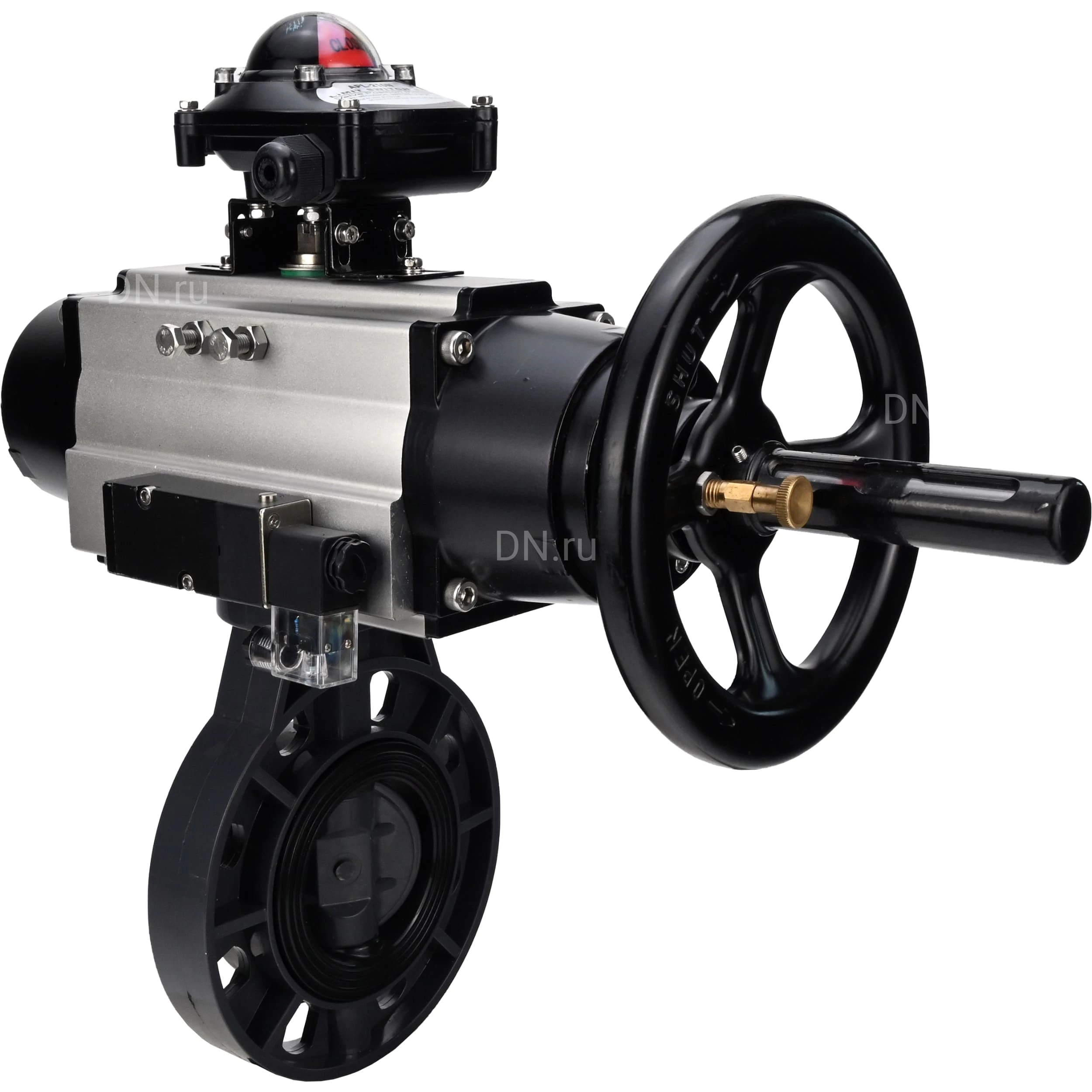 Изображение товара Затвор дисковый поворотный DN.ru WBV4242E-2W-Fb-ISO Дн125 Ру10 межфланцевый, корпус - НПВХ, диск - НПВХ, уплотнение - EPDM, с пневмоприводом PA-DA-105-1, пневмораспределителем 4M310-08 DC24V и БКВ APL-210N