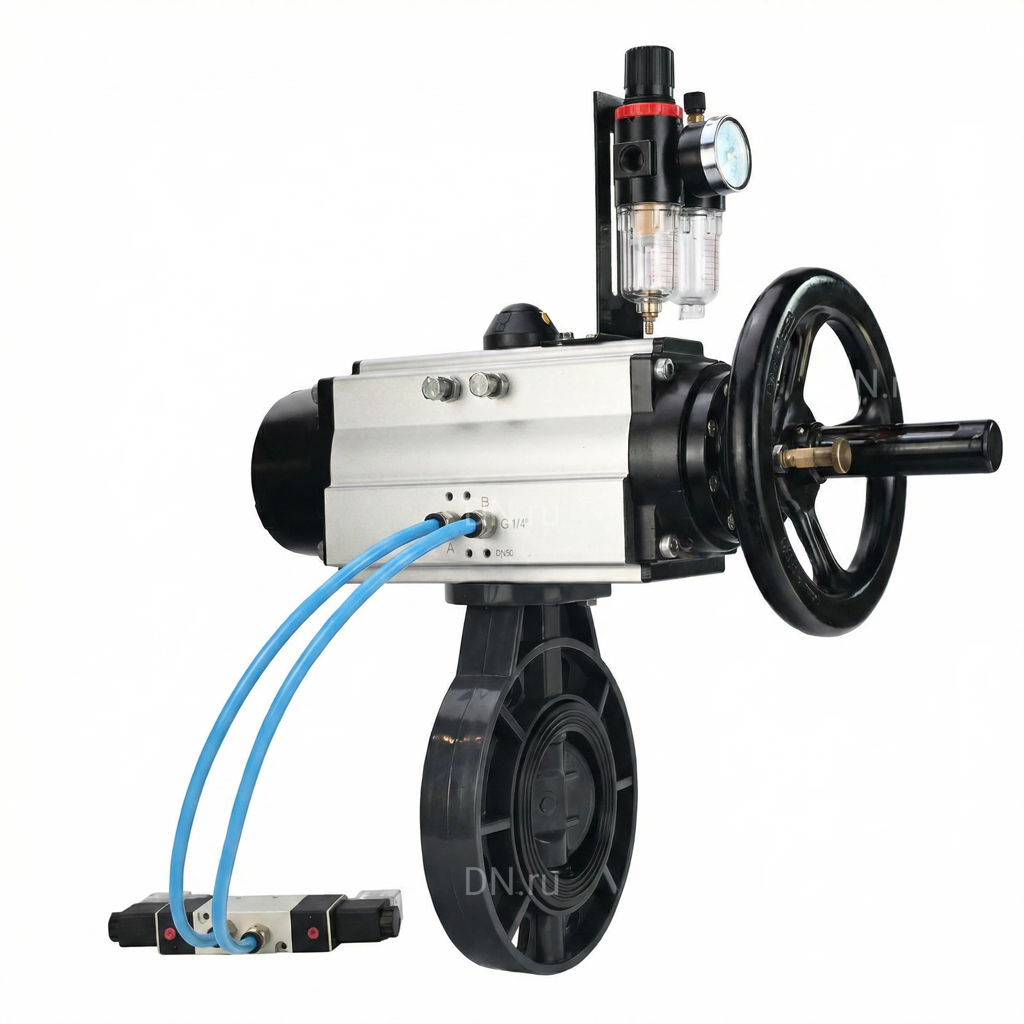 Изображение товара Затвор дисковый поворотный DN.ru WBV4242E-2W-Fb-ISO Дн150 Ру10 межфланцевый, корпус - НПВХ, диск - НПВХ, уплотнение - EPDM, с пневмоприводом PA-DA-105-1, пневмораспределителем 4V320-10 AC220V и БПВ AFC2000