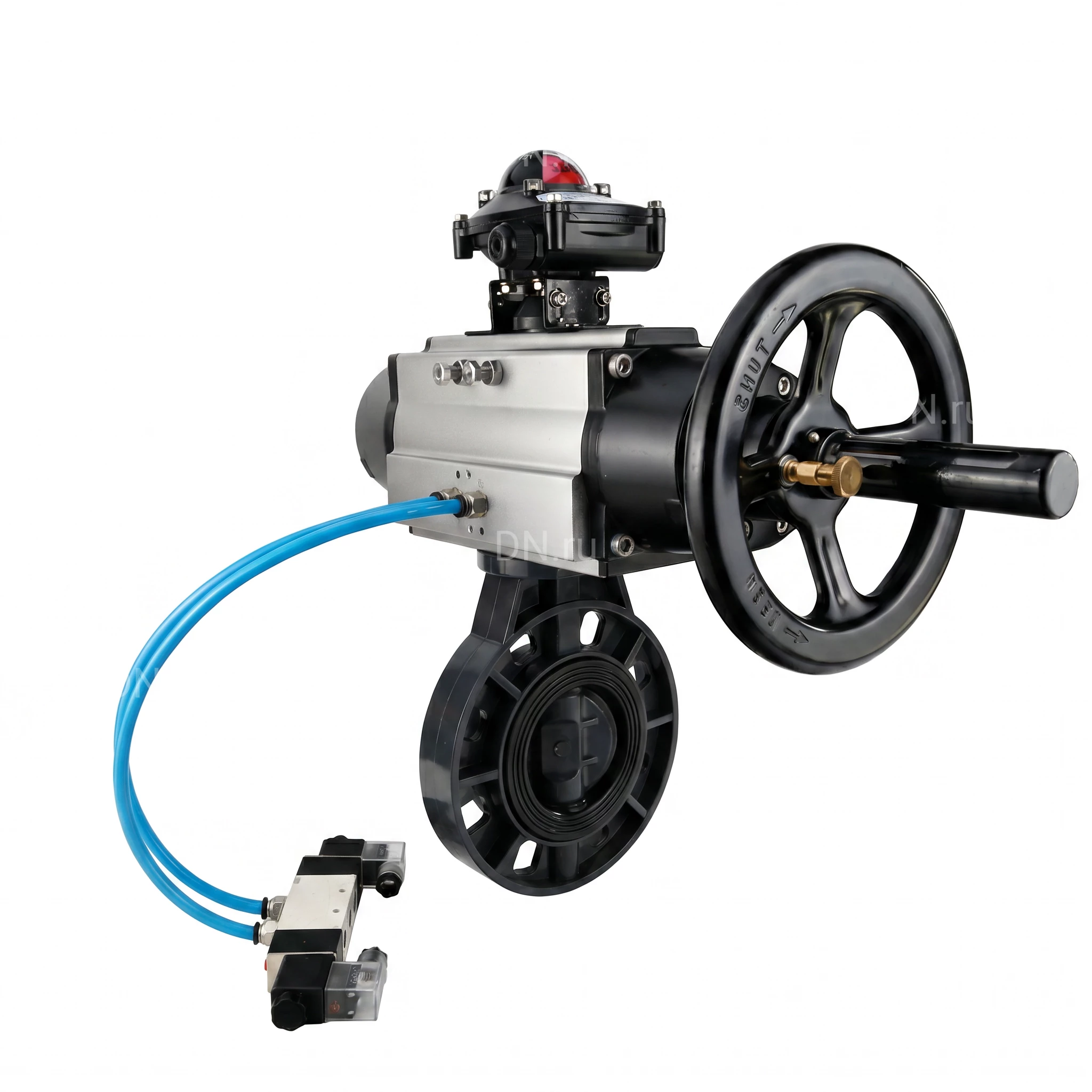 Изображение товара Затвор дисковый поворотный DN.ru WBV4242E-2W-Fb-ISO Дн80 Ру10 межфланцевый, корпус - НПВХ, диск - НПВХ, уплотнение - EPDM, с пневмоприводом PA-DA-105-1, пневмораспределителем 4V320-10 AC220V и БКВ APL-210N