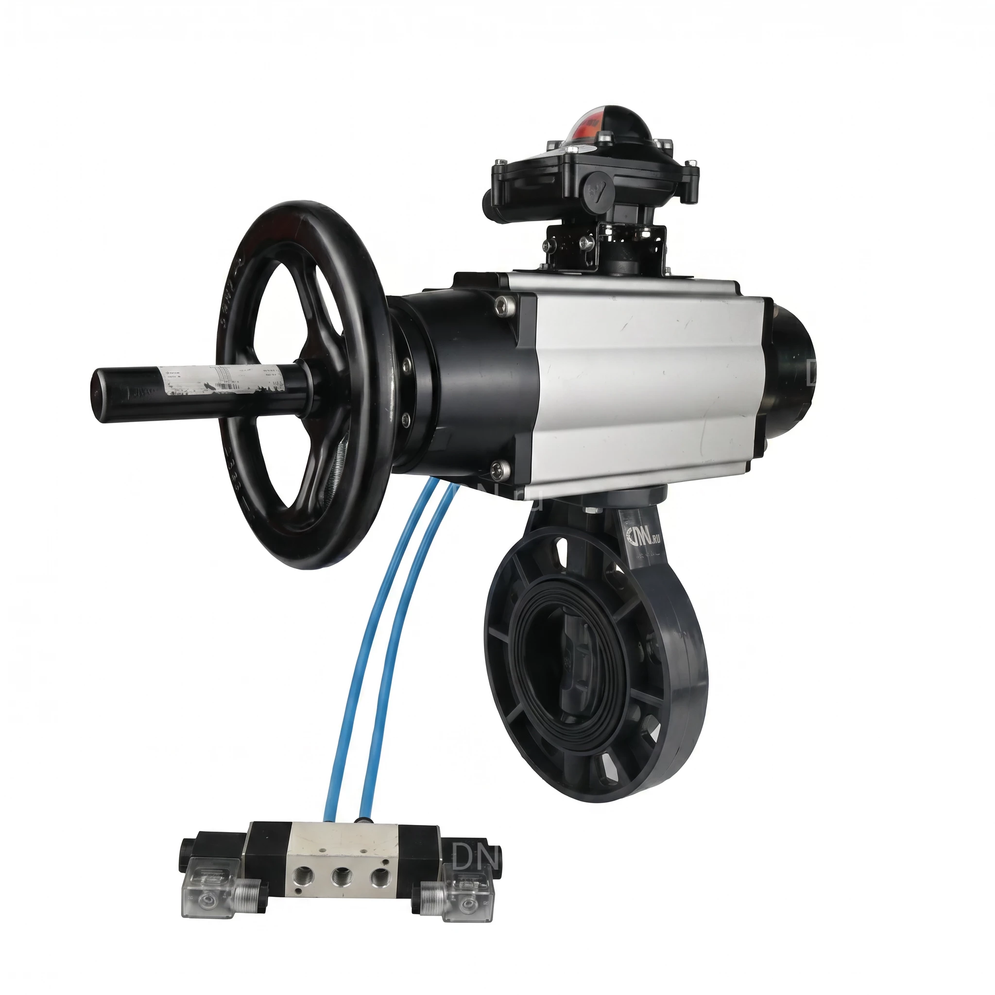 Изображение товара Затвор дисковый поворотный DN.ru WBV4242E-2W-Fb-ISO Дн100 Ру10 межфланцевый, корпус - НПВХ, диск - НПВХ, уплотнение - EPDM, с пневмоприводом PA-DA-105-1, пневмораспределителем 4V320-10 AC220V и БКВ APL-210N