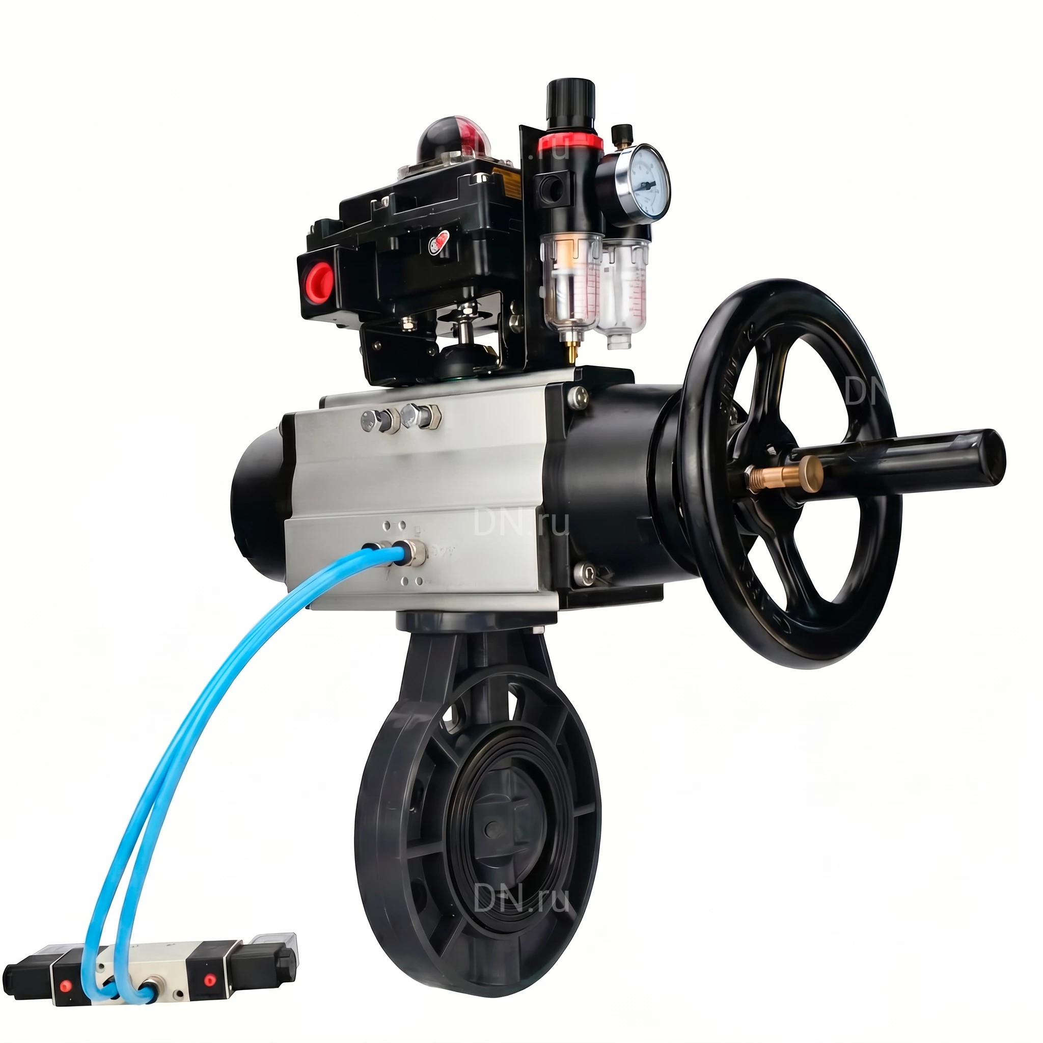 Изображение товара Затвор дисковый поворотный DN.ru WBV4242E-2W-Fb-ISO Дн150 Ру10 межфланцевый, корпус - НПВХ, диск - НПВХ, уплотнение - EPDM, с пневмоприводом PA-DA-105-1, пневмораспределителем 4V320-10 AC220V, БКВ APL-410N EX и БПВ AFC2000