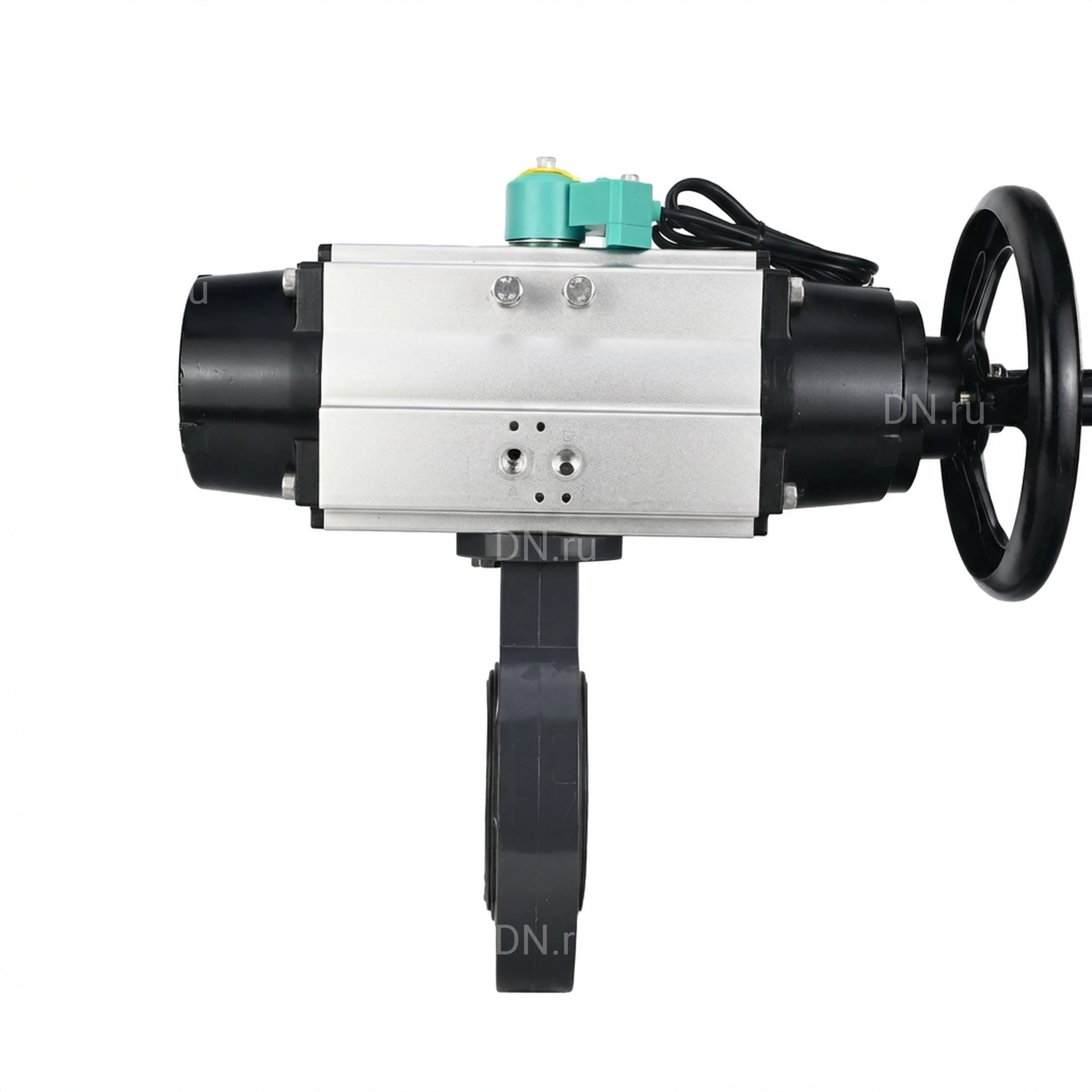 Изображение товара Затвор дисковый поворотный DN.ru WBV4242E-2W-Fb-ISO Дн100 Ру10 межфланцевый, корпус - НПВХ, диск - НПВХ, уплотнение - EPDM, с пневмоприводом PA-DA-105-1 и магнитным переключателем ALS200D