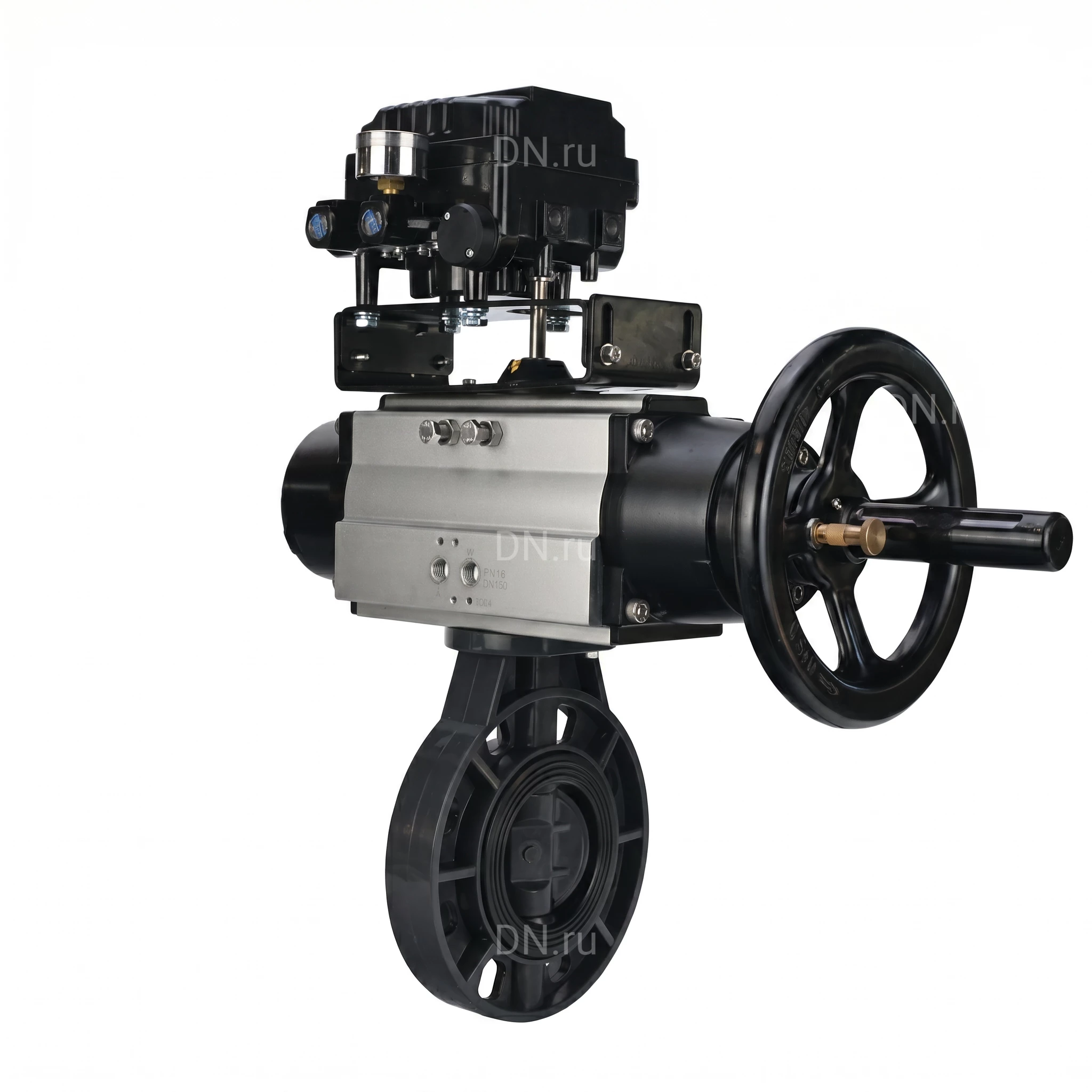 Изображение товара Затвор дисковый поворотный DN.ru WBV4242E-2W-Fb-ISO Дн150 Ру10 межфланцевый, корпус - НПВХ, диск - НПВХ, уплотнение - EPDM, с пневмоприводом PA-DA-105-1 и пневмопозиционером YT-1000RSN без обратной связи