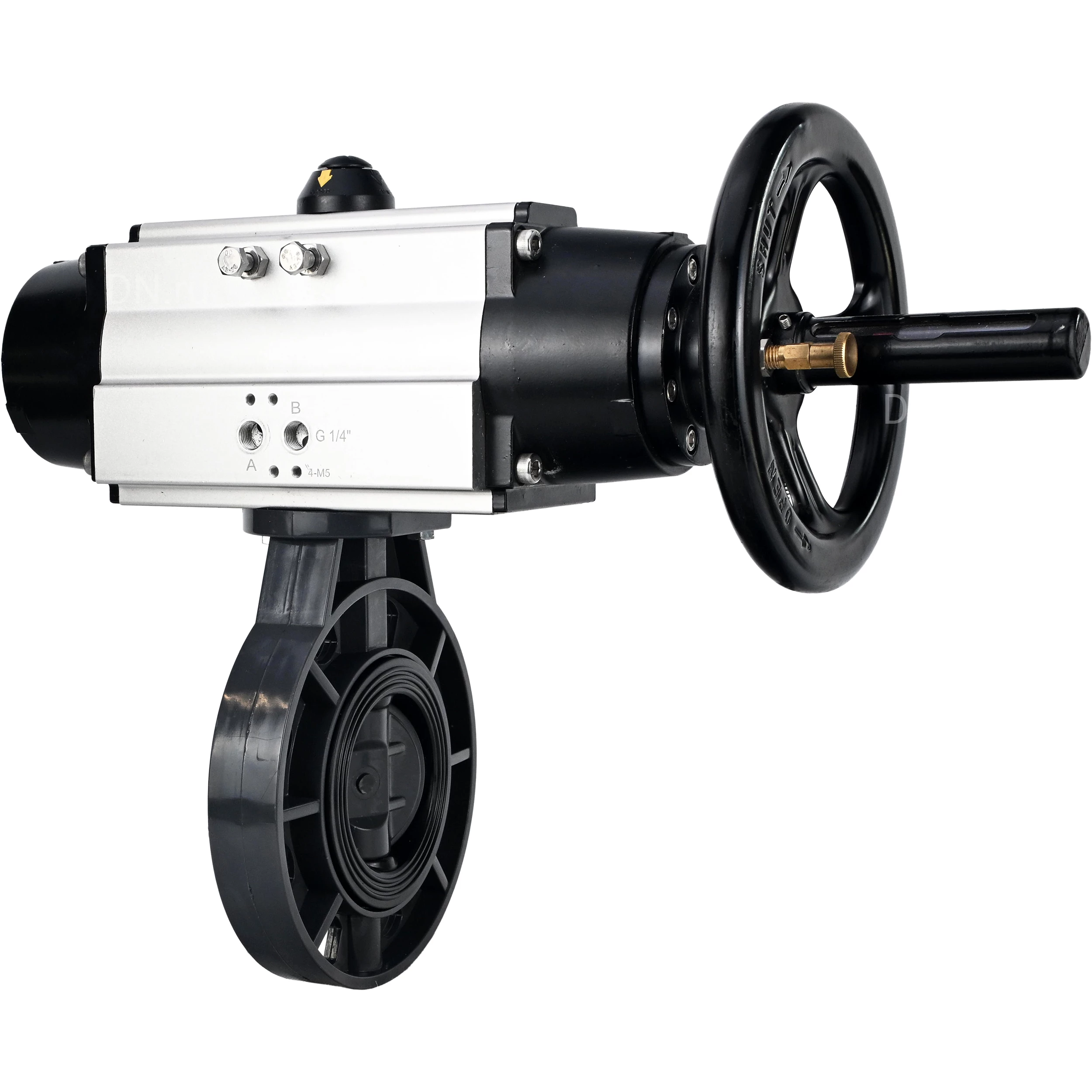 Изображение товара Затвор дисковый поворотный DN.ru WBV4242E-2W-Fb-ISO Дн50 Ру10 межфланцевый, корпус - НПВХ, диск - НПВХ, уплотнение - EPDM, с пневмоприводом PA-DA-105-1 двойного действия со штурвалом