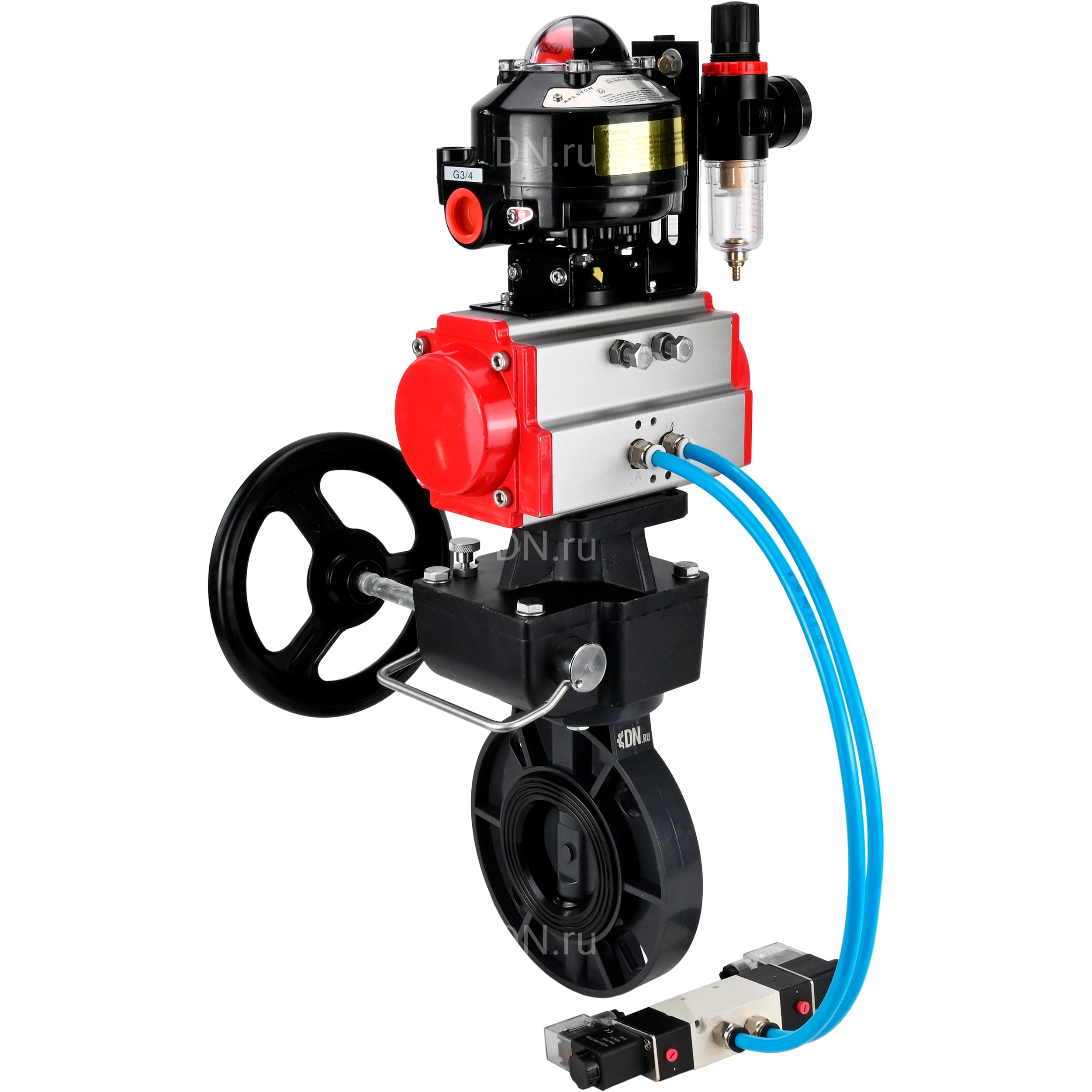 Затвор дисковый поворотный DN.ru WBV4242E-2W-Fb-ISO Дн150 Ру10 межфланцевый, корпус - НПВХ, диск - НПВХ, уплотнение - EPDM, с пневмоприводом PA-DA-083, пневмораспределителем 4V320-10 220В, ручным дублером MON2-450-T28-ISO, БКВ APL-510N EX и БПВ AFC2000