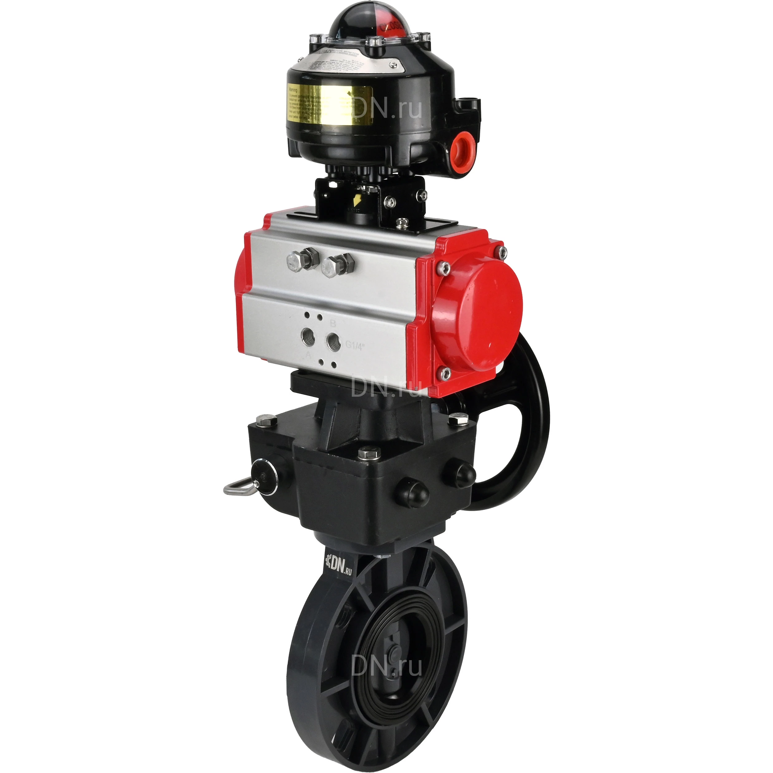 Затвор дисковый поворотный DN.ru WBV4242E-2W-Fb-ISO Дн125 Ру10 межфланцевый, корпус - НПВХ, диск - НПВХ, уплотнение - EPDM, с пневмоприводом PA-DA-083, ручным дублером MON2-450-T28-ISO и БКВ APL-510N EX
