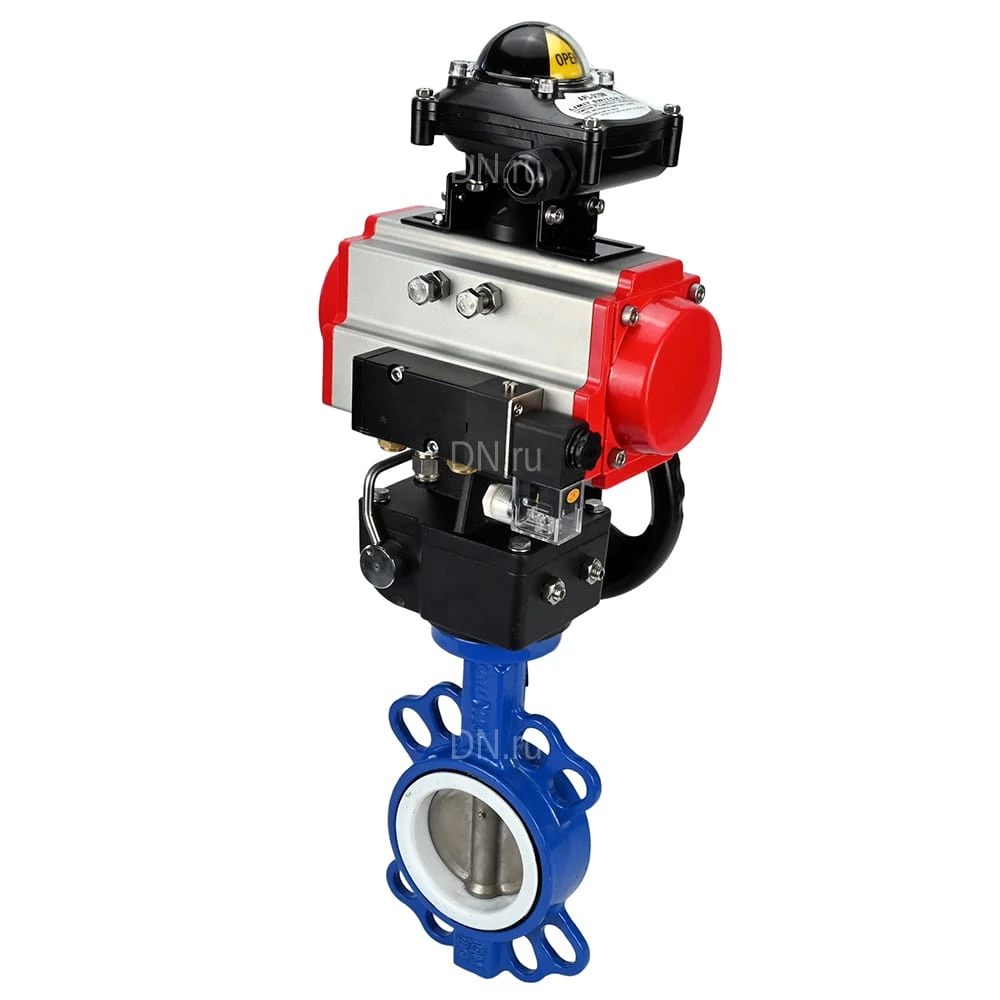 Изображение товара Затвор дисковый поворотный DN.ru WBV3432P-2W-Fb-H Ду65 Ру16 с пневмоприводом и ручным дублером