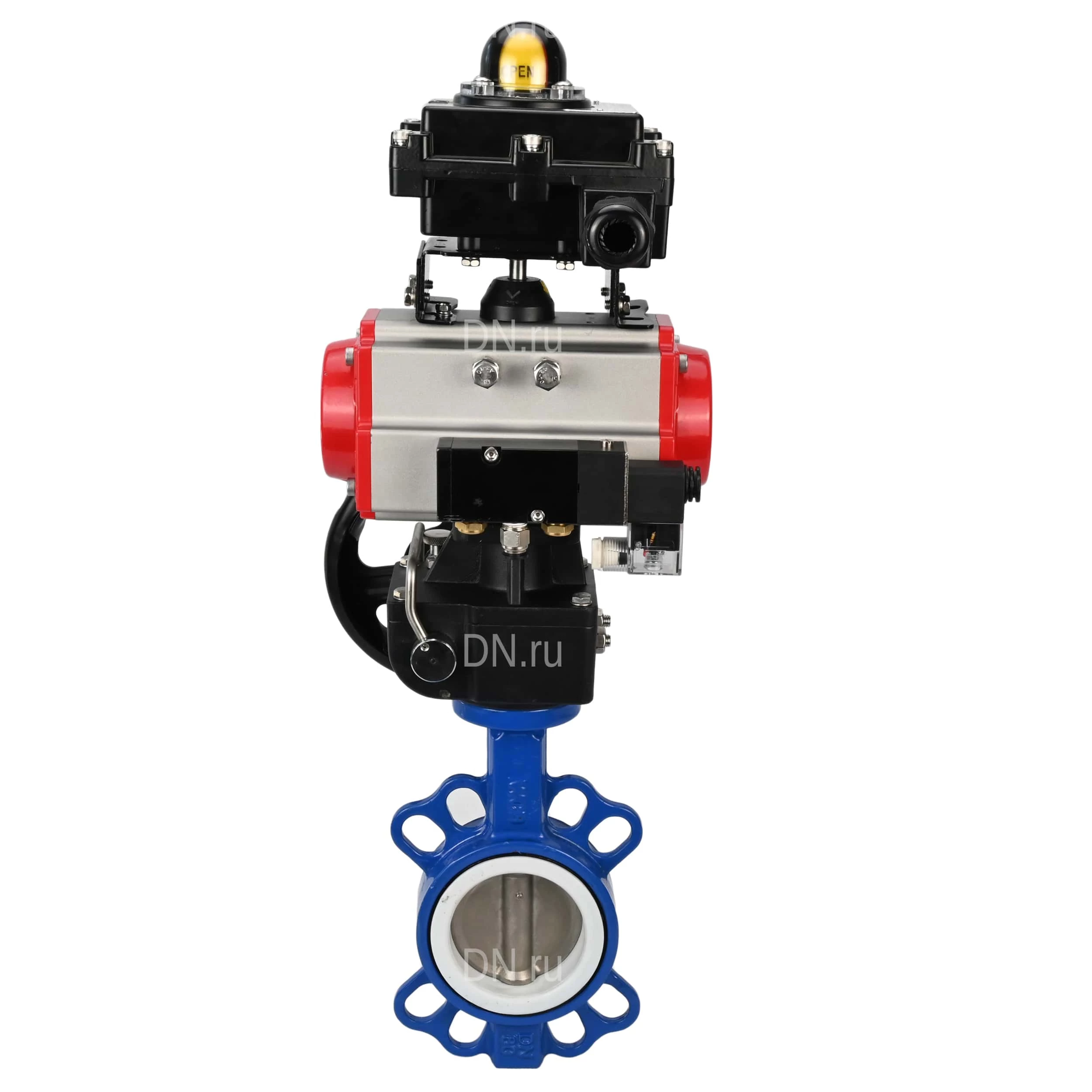 Изображение товара Затвор дисковый поворотный DN.ru WBV3432P-2W-Fb-H Ду50 Ру16 с пневмоприводом и межфланцевым соедине