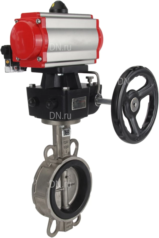 Изображение товара Затвор дисковый поворотный DN.ru WBV3232V-2W-Fb-H Ду125 Ру16, корпус - нержавеющая сталь 316L, диск - нержавеющая сталь 316L, уплотнение - Viton, с пневмоприводом PA-DA-083, пневмораспределителем 4М310-08 220В NAMUR, ручным дублером MON2-450-T28-ISO