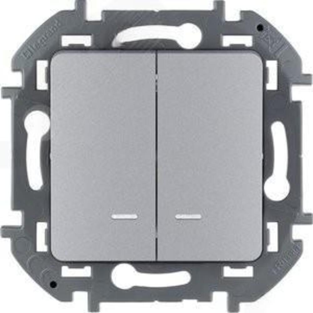 Выключатель двухклавишный Legrand INSPIRIA скрытой установки, с подсветкой, номинальный ток - 10 А, степень защиты IP20, цвет - алюминий