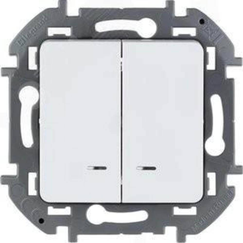 Выключатель двухклавишный Legrand INSPIRIA скрытой установки, с подсветкой, номинальный ток - 10 А, степень защиты IP20, цвет - белый