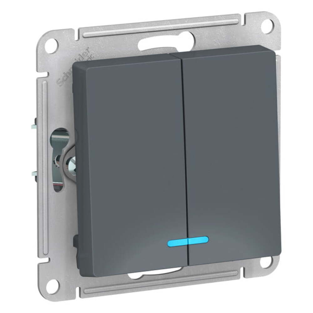Выключатель двухклавишный Systeme Electric AtlasDesign скрытой установки с подсветкой, номинальный ток - 10 А, степень защиты IP20, цвет - грифель