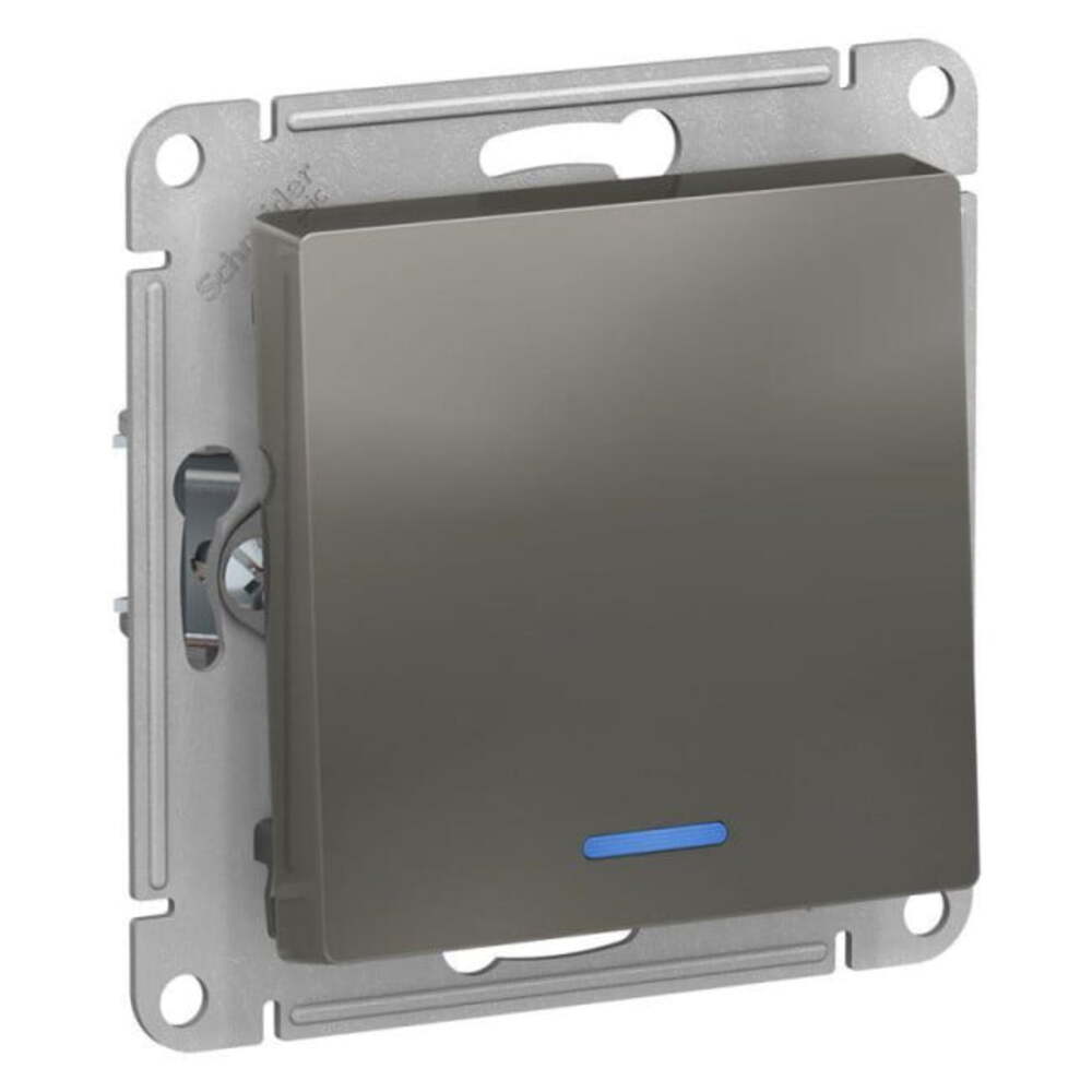 Выключатель одноклавишный Systeme Electric AtlasDesign скрытой установки, с подсветкой, номинальный ток - 10 А, степень защиты IP20, цвет - сталь