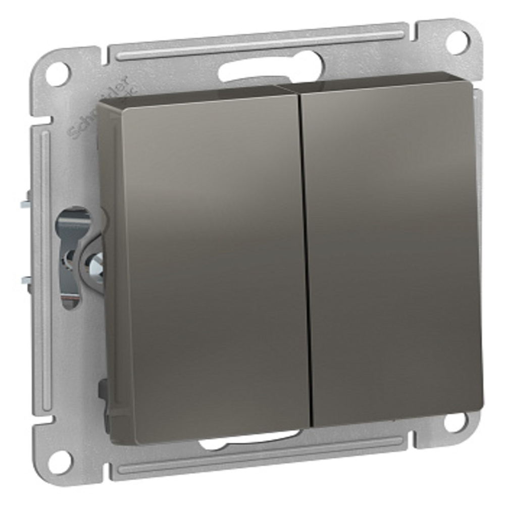 Выключатель двухклавишный Systeme Electric AtlasDesign скрытой установки, номинальный ток - 10 А, степень защиты IP20, цвет - сталь