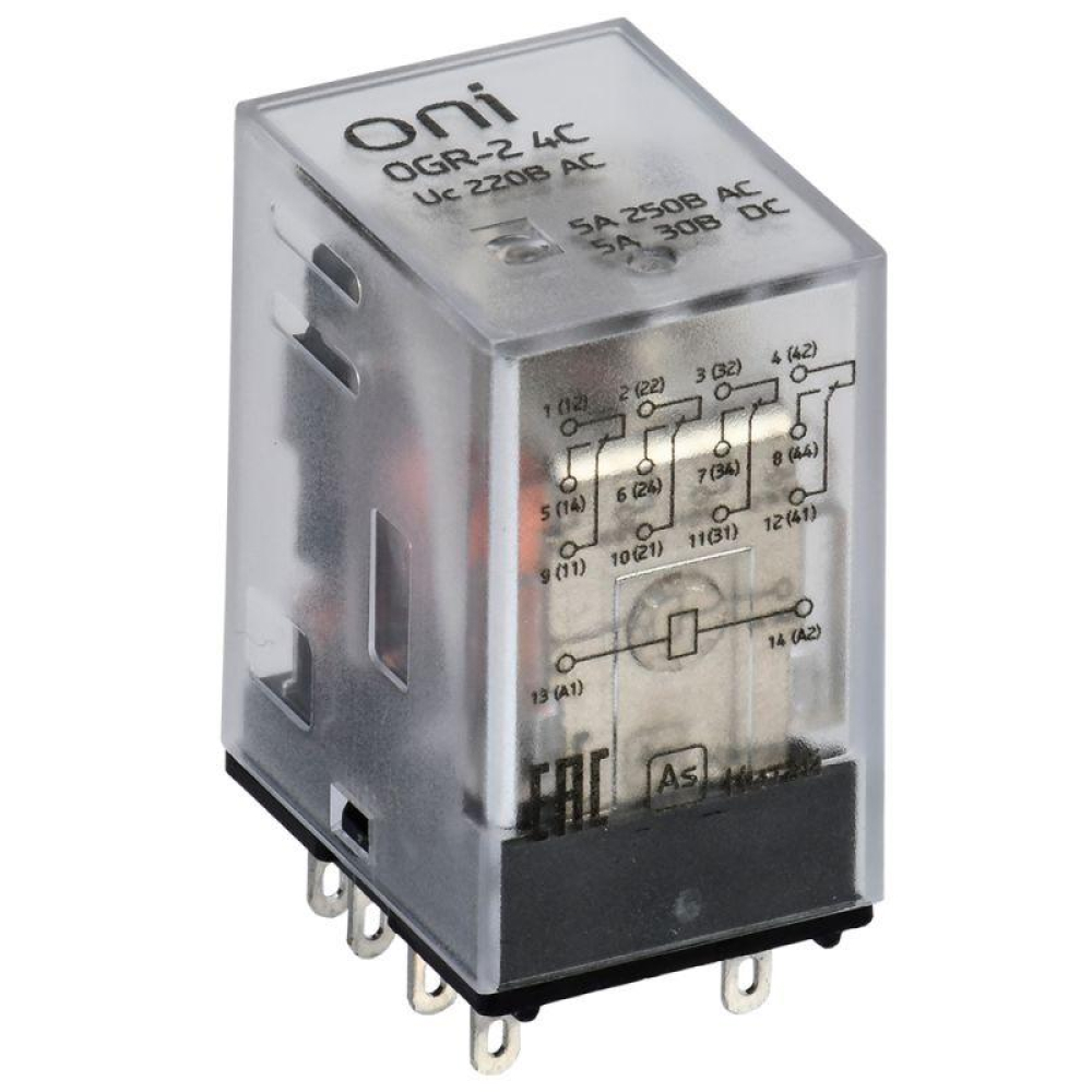 Реле коммутационное ONI OGR-2 интерфейсное, 5 А, 220 В, AC, 4NO+4NC, 4 переключающих контакта, IP20