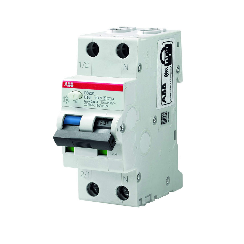 Автоматический выключатель дифференциального тока двухполюсный ABB DS201 C20 AC30, ток утечки 30 мА, сила тока 20 А