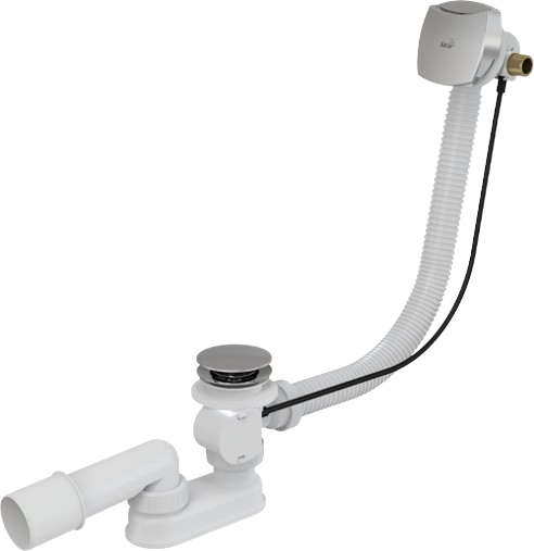 Сифон для ванны плоский Alca Plast A566-273133-57 Дн40x1 1/2″ полуавтоматический, подключение к канализации 40/50 мм, выпуск для ванной 1 1/2″ с переходной трубкой 10°, длина перелива 570 мм