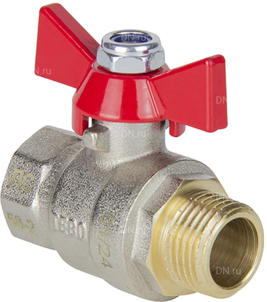 Кран шаровой TEBO КШ.202.КБ 1/2″ Ду15 Ру40 полнопроходной, латунь CW617N, никелированный, уплотнние - PTFE, внутренняя резьба / наружная резьба, ручка-бабочка