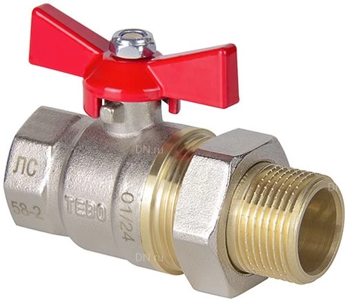 Краны шаровые TEBO КШ.402.КБ 1/2″-1 1/4″ Ду15-32 Ру25-40 полнопроходные муфтовые, латунные никелированные с накидной гайкой, управление ручка-бабочка