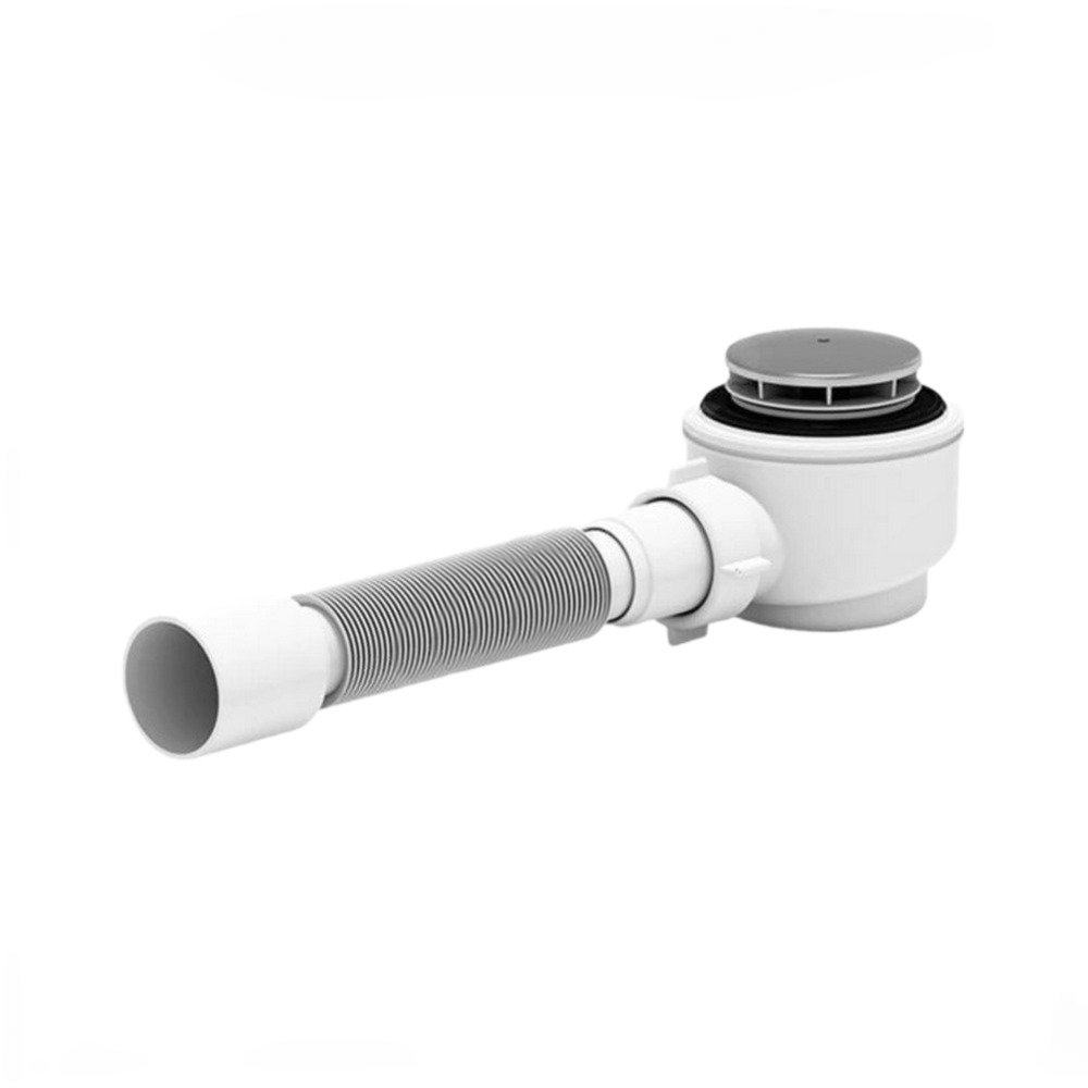 Сифон для поддона душевого АНИ Пласт E415C 1 1/2″x50/40, высота - 74 мм, с гофрой 40х50 мм, слив крышкой диаметром 70 мм