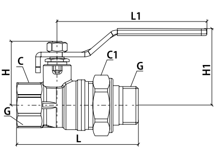 Эскиз Кран шаровой 1106 Aquasfera Standard 3/4″ Ду20 Ру30 полнопроходной, никелированный, внутренняя резьба/″американка″, ручка-рычаг (1106-02)