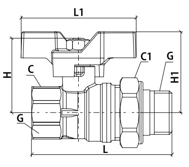 Эскиз Кран шаровой 1107 Aquasfera Standard 1/2″ Ду15 Ру40 полнопроходной, никелированный, внутренняя резьба/″американка″, ручка-бабочка (1107-01)