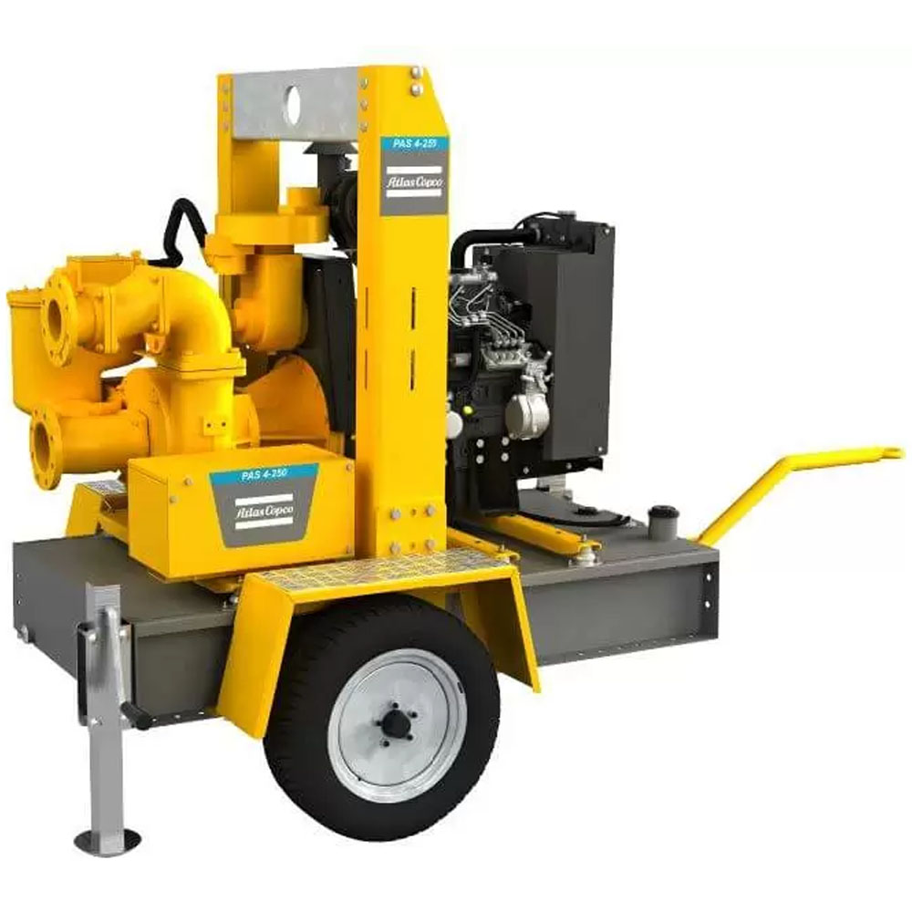 Мотопомпа Atlas Copco PAS 100MF 250 FKL17 дизельная, патрубки 4″ 100 мм, 4-тактный двигатель 33 л.с., напор - 36 м, производительность - 4170 л/мин