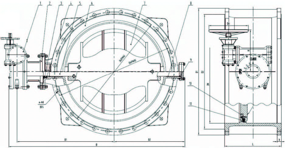 Затворы дисковые поворотные Benarmo Ду200-1000 Ру10 чугунный диск и корпус, фланцевый с редуктором, с двойным эксцентриситетом
