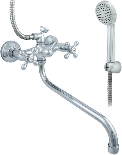 Смесители для ванны с душем Центр Сантехники ЭКО 500/5-4 длина 300 мм, двуручные, излив круглый, резиновая кран-букса, маховики Крест, серебристые